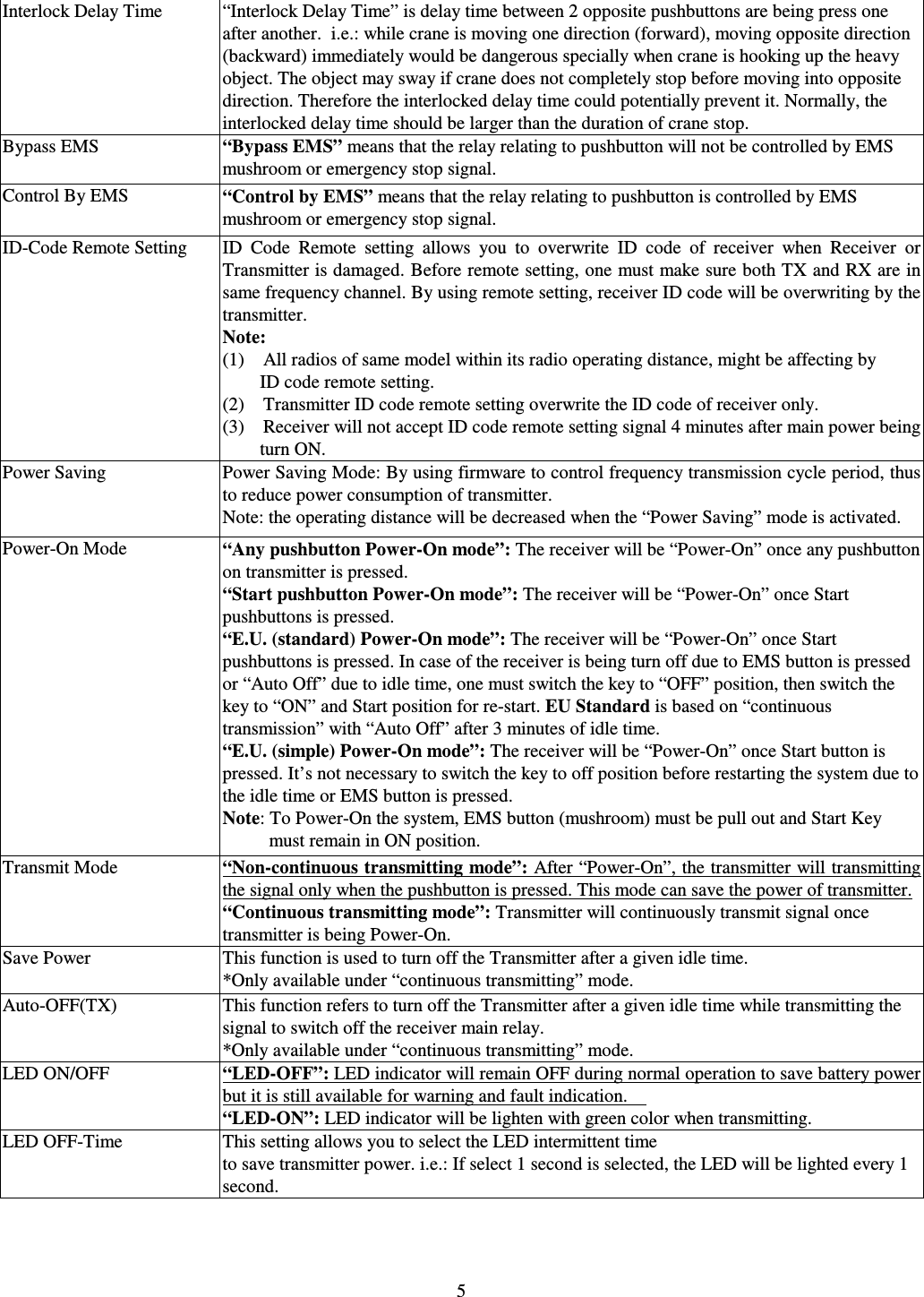   5 Interlock Delay Time  &ldquo;Interlock Delay Time&rdquo; is delay time between 2 opposite pushbuttons are being press one   after another.i.e.: while crane is moving one direction (forward), moving opposite direction  (backward) immediately would be dangerous specially when crane is hooking up the heavy  object. The object may sway if crane does not completely stop before moving into opposite  direction. Therefore the interlocked delay time could potentially prevent it. Normally, the   interlocked delay time should be larger than the duration of crane stop. Bypass EMS  &ldquo;Bypass EMS&rdquo; means that the relay relating to pushbutton will not be controlled by EMS mushroom or emergency stop signal. Control By EMS  &ldquo;Control by EMS&rdquo; means that the relay relating to pushbutton is controlled by EMS mushroom or emergency stop signal. ID-Code Remote SettingID  Code  Remote  setting  allows  you  to overwrite  ID  code  of  receiver  when  Receiver  or Transmitter is damaged. Before remote setting, one must make sure both TX and RX are in same frequency channel. By using remote setting, receiver ID code will be overwriting by the transmitter. Note:   (1)    All radios of same model within its radio operating distance, might be affecting by   ID code remote setting. (2)    Transmitter ID code remote setting overwrite the ID code of receiver only.   (3)    Receiver will not accept ID code remote setting signal 4 minutes after main power being turn ON. Power Saving Power Saving Mode: By using firmware to control frequency transmission cycle period, thus to reduce power consumption of transmitter.   Note: the operating distance will be decreased when the &ldquo;Power Saving&rdquo; mode is activated.  Power-On Mode  &ldquo;Any pushbutton Power-On mode&rdquo;: The receiver will be &ldquo;Power-On&rdquo; once any pushbutton on transmitter is pressed. &ldquo;Start pushbutton Power-On mode&rdquo;: The receiver will be &ldquo;Power-On&rdquo; once Start pushbuttons is pressed. &ldquo;E.U. (standard) Power-On mode&rdquo;: The receiver will be &ldquo;Power-On&rdquo; once Start pushbuttons is pressed. In case of the receiver is being turn off due to EMS button is pressed or &ldquo;Auto Off&rdquo; due to idle time, one must switch the key to &ldquo;OFF&rdquo; position, then switch the key to &ldquo;ON&rdquo; and Start position for re-start. EU Standard is based on &ldquo;continuous transmission&rdquo; with &ldquo;Auto Off&rdquo; after 3 minutes of idle time.     &ldquo;E.U. (simple) Power-On mode&rdquo;: The receiver will be &ldquo;Power-On&rdquo; once Start button is pressed. It&rsquo;s not necessary to switch the key to off position before restarting the system due to the idle time or EMS button is pressed. Note: To Power-On the system, EMS button (mushroom) must be pull out and Start Key must remain in ON position. Transmit Mode  &ldquo;Non-continuous transmitting mode&rdquo;: After &ldquo;Power-On&rdquo;, the transmitter will transmitting the signal only when the pushbutton is pressed. This mode can save the power of transmitter. &ldquo;Continuous transmitting mode&rdquo;: Transmitter will continuously transmit signal once   transmitter is being Power-On. Save Power    This function is used to turn off the Transmitter after a given idle time. *Only available under &ldquo;continuous transmitting&rdquo; mode. Auto-OFF(TX)  This function refers to turn off the Transmitter after a given idle time while transmitting the  signal to switch off the receiver main relay. *Only available under &ldquo;continuous transmitting&rdquo; mode. LED ON/OFF &ldquo;LED-OFF&rdquo;: LED indicator will remain OFF during normal operation to save battery power but it is still available for warning and fault indication.     &ldquo;LED-ON&rdquo;: LED indicator will be lighten with green color when transmitting.   LED OFF-TimeThis setting allows you to select the LED intermittent time   to save transmitter power. i.e.: If select 1 second is selected, the LED will be lighted every 1 second. 