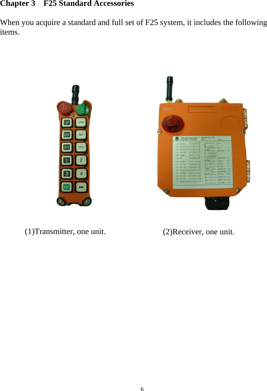   6 Chapter 3    F25 Standard Accessories  When you acquire a standard and full set of F25 system, it includes the following items.                      (1)Transmitter, one unit. (2)Receiver, one unit. 