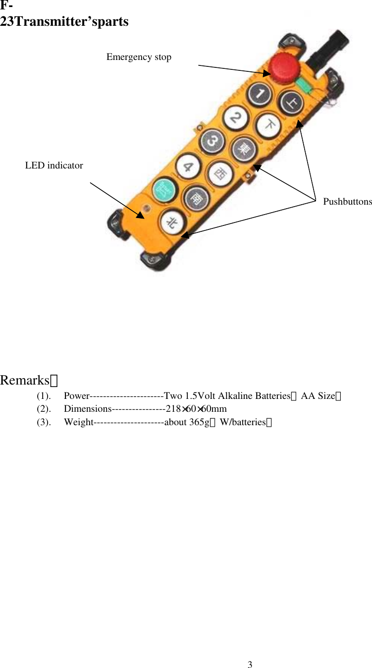  3F-23Transmitter&rsquo;sparts                      Remarks： (1).  Power----------------------Two 1.5Volt Alkaline Batteries（AA Size） (2). Dimensions----------------218&times;60&times;60mm (3). Weight---------------------about 365g（W/batteries）   Emergency stop LED indicator Pushbuttons 