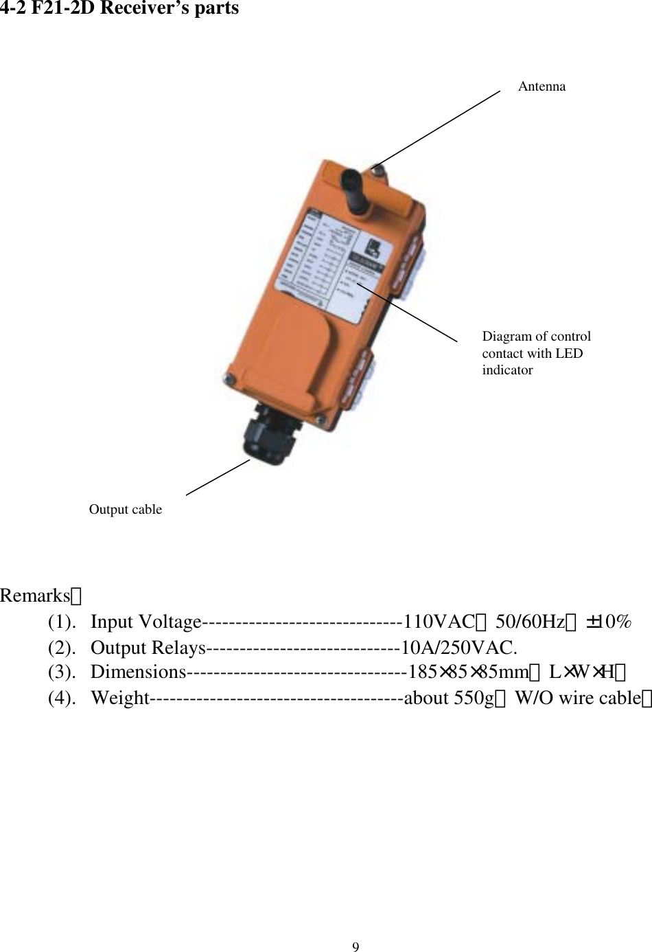 4-2 F21-2D Receiver&rsquo;s parts    Antenna            Diagram of control contact with LED indicator        Output cable        Remarks： (1). Input Voltage------------------------------110VAC（50/60Hz）&plusmn;10% (2). Output Relays-----------------------------10A/250VAC. (3). Dimensions---------------------------------185&times;85&times;85mm（L&times;W&times;H） (4). Weight--------------------------------------about 550g（W/O wire cable）    9