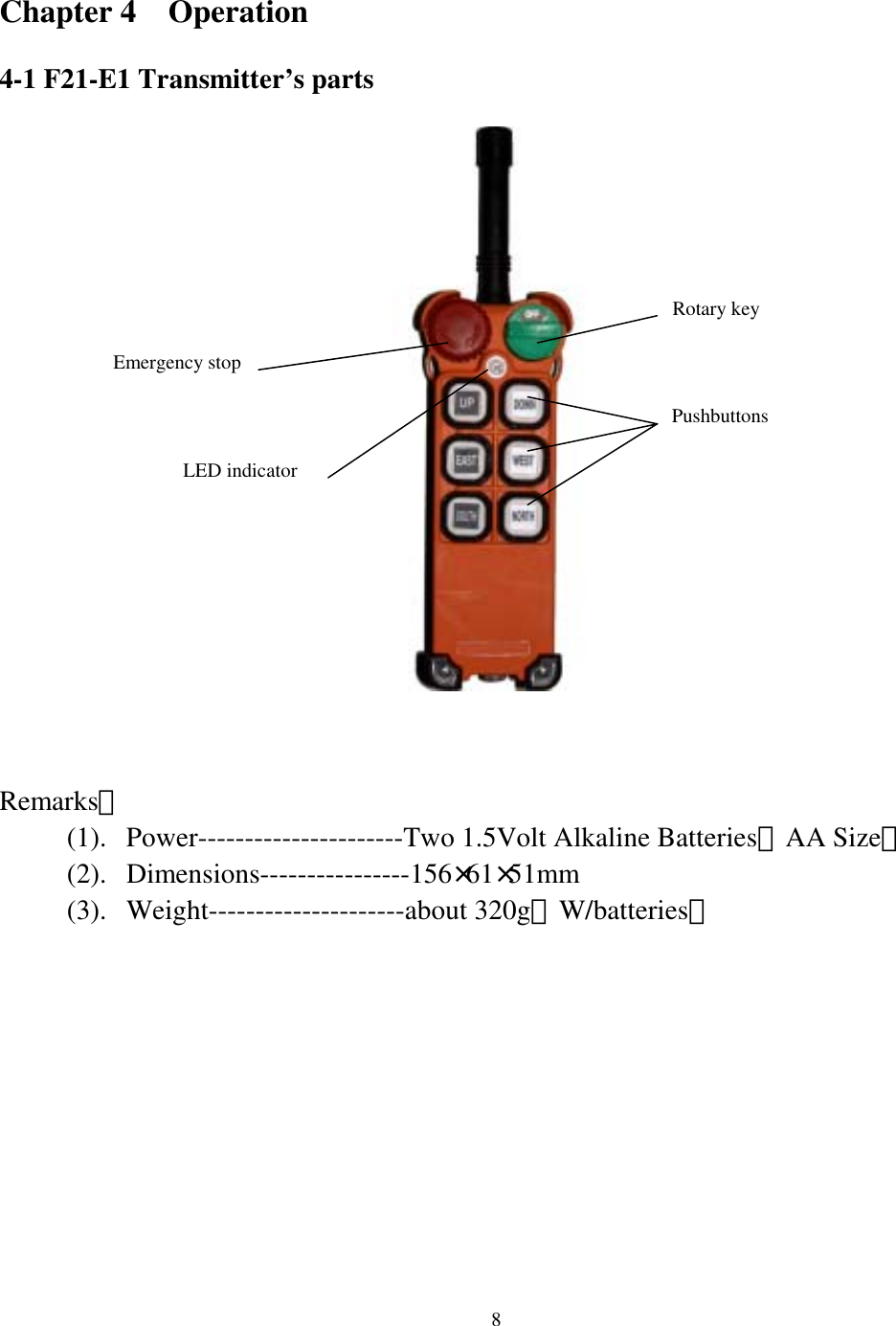 Chapter 4  Operation  4-1 F21-E1 Transmitter&rsquo;s parts       LED indicator Pushbuttons Emergency stop   Rotary key                Remarks： (1). Power----------------------Two 1.5Volt Alkaline Batteries（AA Size） (2). Dimensions----------------156&times;61&times;51mm (3). Weight---------------------about 320g（W/batteries）     8