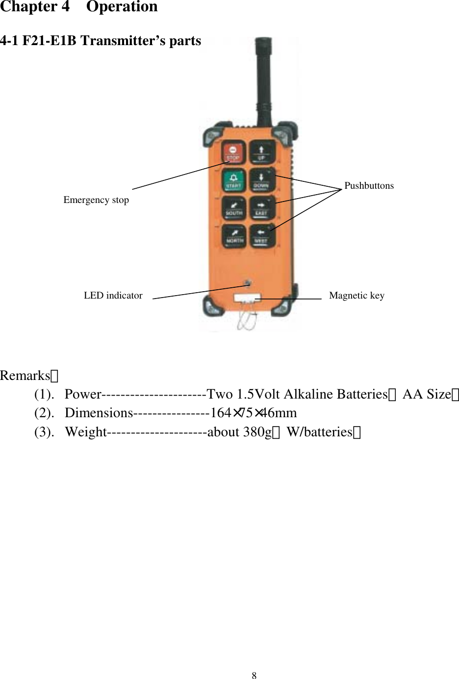 Chapter 4  Operation  4-1 F21-E1B Transmitter&rsquo;s parts        LED indicator Pushbuttons Emergency stop   Magnetic key             Remarks： (1). Power----------------------Two 1.5Volt Alkaline Batteries（AA Size） (2). Dimensions----------------164&times;75&times;46mm (3). Weight---------------------about 380g（W/batteries）  8