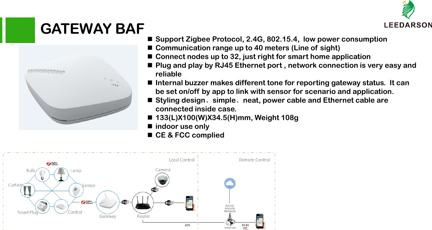 GATEWAY BAF Support Zigbee Protocol,2.4G, 802.15.4,  low power consumptionCommunication range up to 40 meters (Line of sight)Connect nodes up to 32, just right for smart home application Plug and play by RJ45 Ethernet port , network connection is very easy and reliable  Internal buzzer makes different tone for reporting gateway status.  It can be set on/off by app to link with sensor for scenario and application. Styling design、simple、neat, power cable and Ethernet cable are connected inside case. 133(L)X100(W)X34.5(H)mm, Weight 108gindoor use onlyCE &amp; FCC complied 