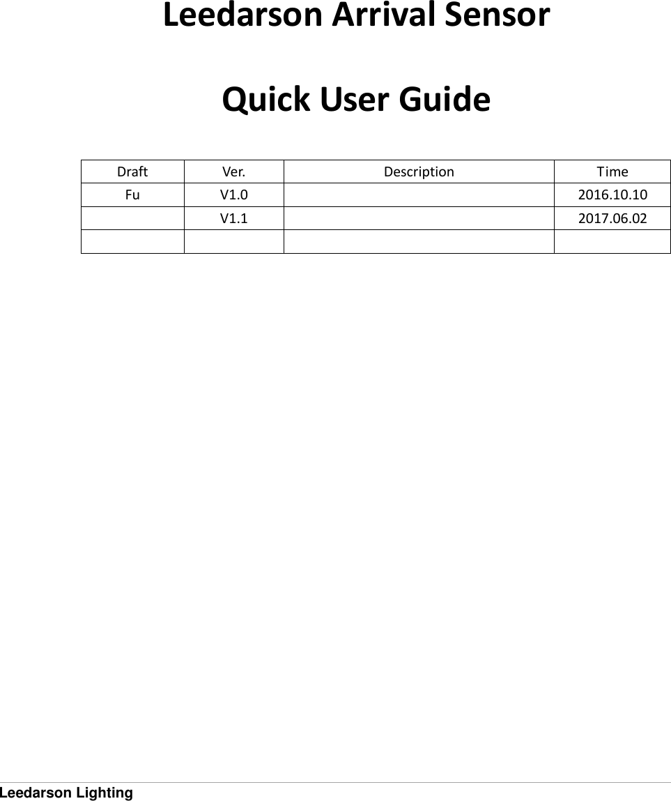  Leedarson Lighting       Leedarson Arrival Sensor   Quick User Guide  Draft Ver. Description Time Fu V1.0  2016.10.10  V1.1  2017.06.02      