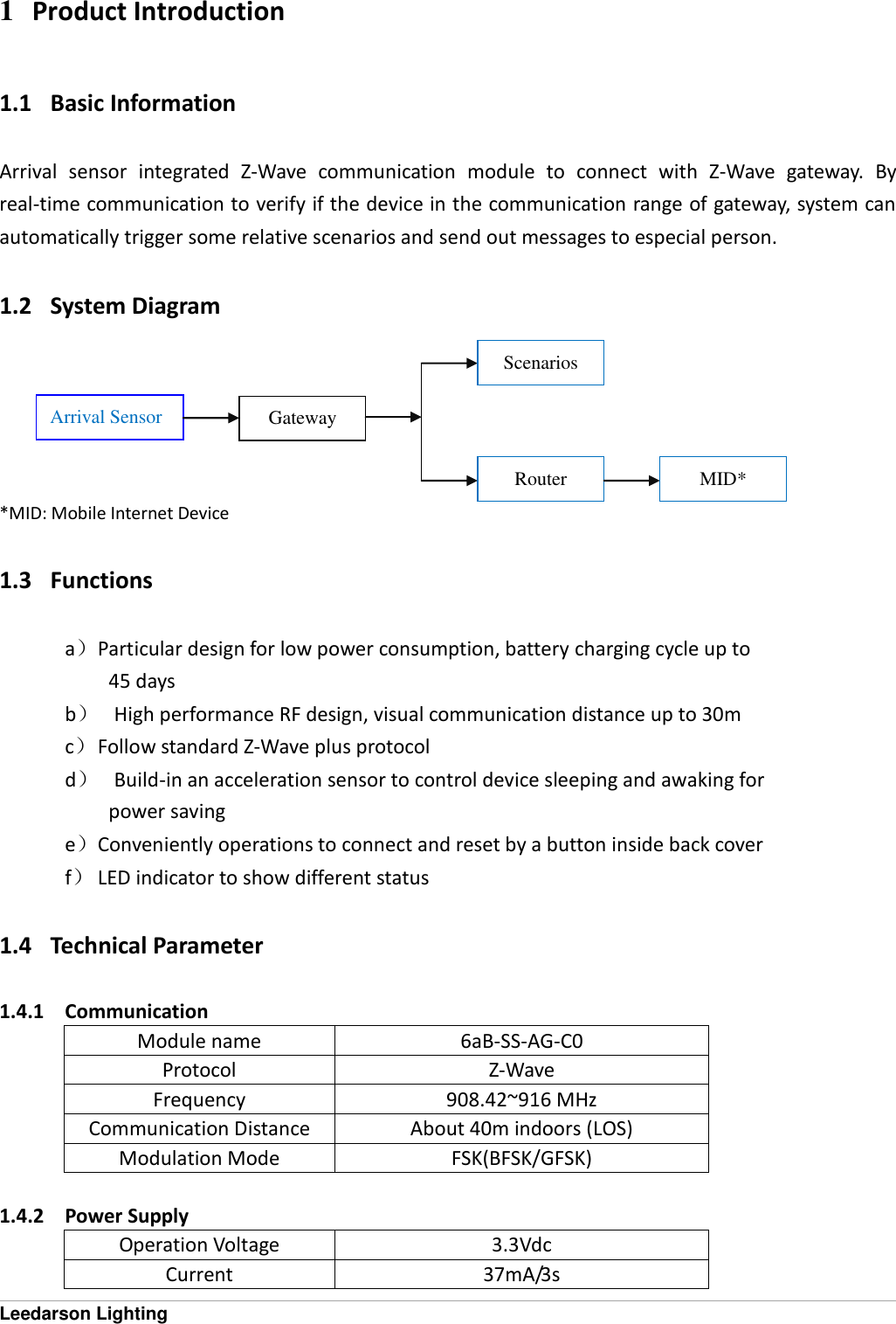  Leedarson Lighting 1 Product Introduction 1.1   Basic Information Arrival  sensor  integrated  Z-Wave  communication  module  to  connect  with  Z-Wave  gateway.  By real-time communication to verify if the device in the communication range of gateway, system can automatically trigger some relative scenarios and send out messages to especial person. 1.2   System Diagram      *MID: Mobile Internet Device 1.3   Functions a） Particular design for low power consumption, battery charging cycle up to     45 days b） High performance RF design, visual communication distance up to 30m c） Follow standard Z-Wave plus protocol d） Build-in an acceleration sensor to control device sleeping and awaking for       power saving e）Conveniently operations to connect and reset by a button inside back cover f） LED indicator to show different status 1.4   Technical Parameter 1.4.1 Communication Module name 6aB-SS-AG-C0 Protocol Z-Wave Frequency 908.42~916 MHz Communication Distance About 40m indoors (LOS) Modulation Mode FSK(BFSK/GFSK)  1.4.2 Power Supply Operation Voltage 3.3Vdc Current 37mA/3s Arrival Sensor Gateway Scenarios Router MID* 