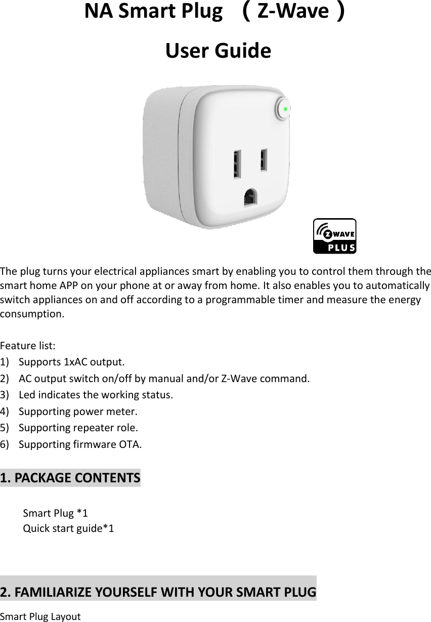 Page 1 of Leedarson Lighting 6APLVABA0 Z-Wave Smart Plug User Manual 8 17