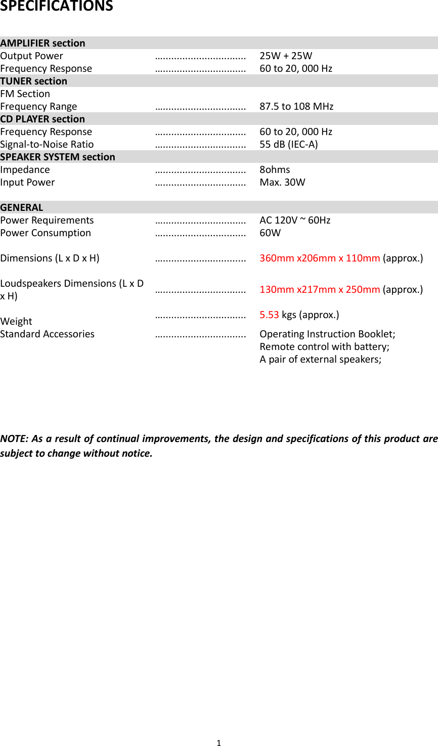 1  SPECIFICATIONS  AMPLIFIER section Output Power  ….............................. 25W + 25W Frequency Response  ….............................. 60 to 20, 000 Hz TUNER section FM Section     Frequency Range  ….............................. 87.5 to 108 MHz CD PLAYER section Frequency Response  ….............................. 60 to 20, 000 Hz Signal-to-Noise Ratio  ….............................. 55 dB (IEC-A) SPEAKER SYSTEM section Impedance  ….............................. 8ohms Input Power  ….............................. Max. 30W      GENERAL Power Requirements  ….............................. AC 120V ~ 60Hz Power Consumption  ….............................. 60W Dimensions (L x D x H)  …..............................  360mm x206mm x 110mm (approx.)                                        Loudspeakers Dimensions (L x D x H)  ….............................. 130mm x217mm x 250mm (approx.)                         Weight  ….............................. 5.53 kgs (approx.) Standard Accessories  ….............................. Operating Instruction Booklet;     Remote control with battery;     A pair of external speakers;                      NOTE: As a result of continual improvements, the design and specifications of this product are subject to change without notice.                  