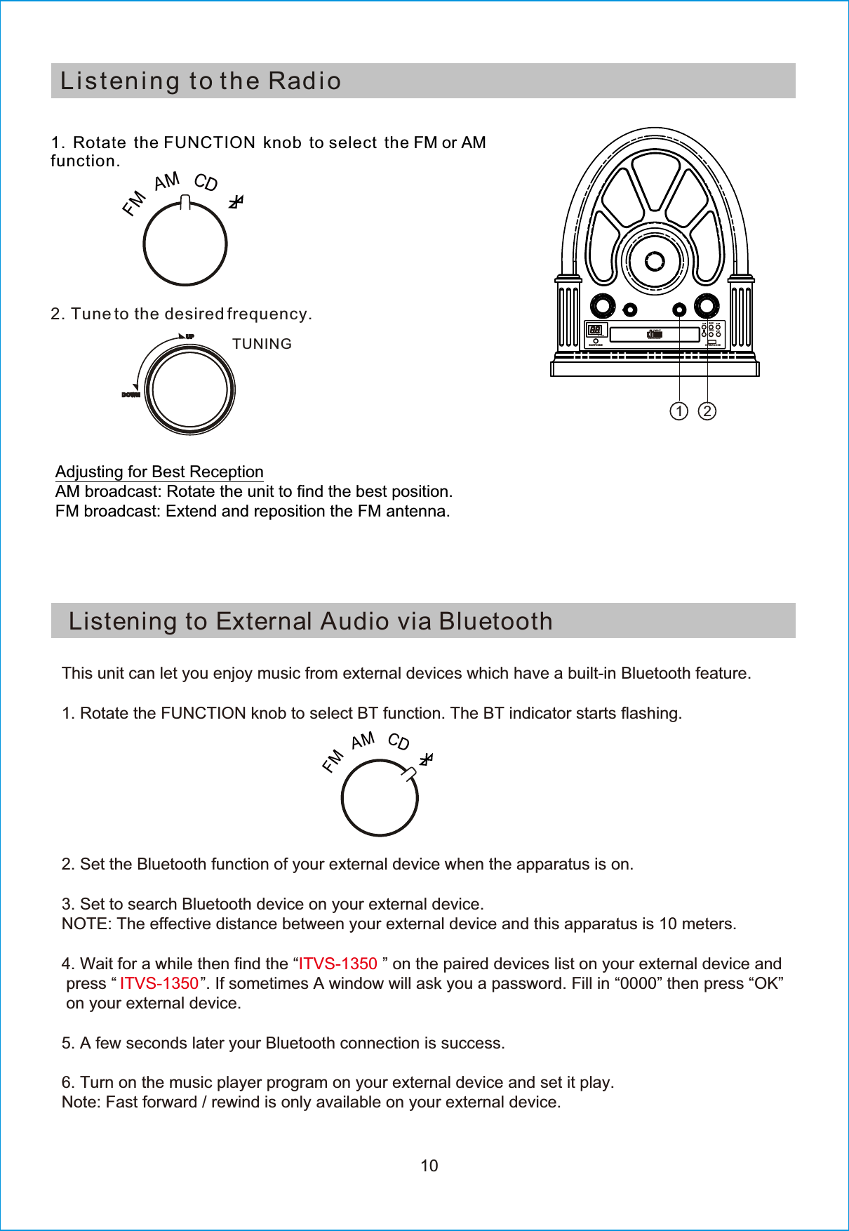 This unit can let you enjoy music from external devices which have a built-in Bluetooth feature.1. Rotate the FUNCTION knob to select BT function. The BT indicator starts flashing.2. Set the Bluetooth function of your external device when the apparatus is on.3. Set to search Bluetooth device on your external device.NOTE: The effective distance between your external device and this apparatus is 10 meters.4. Wait for a while then find the “ITVS-1350 ” on the paired devices list on your external device and  press “     ”. If sometimes A window will ask you a password. Fill in “0000” then press “OK”  on your external device.5. A few seconds later your Bluetooth connection is success.6. Turn on the music player program on your external device and set it play. Note: Fast forward / rewind is only available on your external device.1 2LListening to External Audio via Bluetoothis tening  t o t he Radio1. Rotate the FUNCTION knob to select the FM or AMfunction.2. Tune to the desired frequency.TUNING10Adjusting for Best ReceptionAM broadcast: Rotate the unit to find the best position.FM broadcast: Extend and reposition the FM antenna.ITVS-1350FMAMCDFMAMCDEARPHONE OPEN/CLOSEPLAYREP.PRO.COMPACTDIGITAL AUDIO