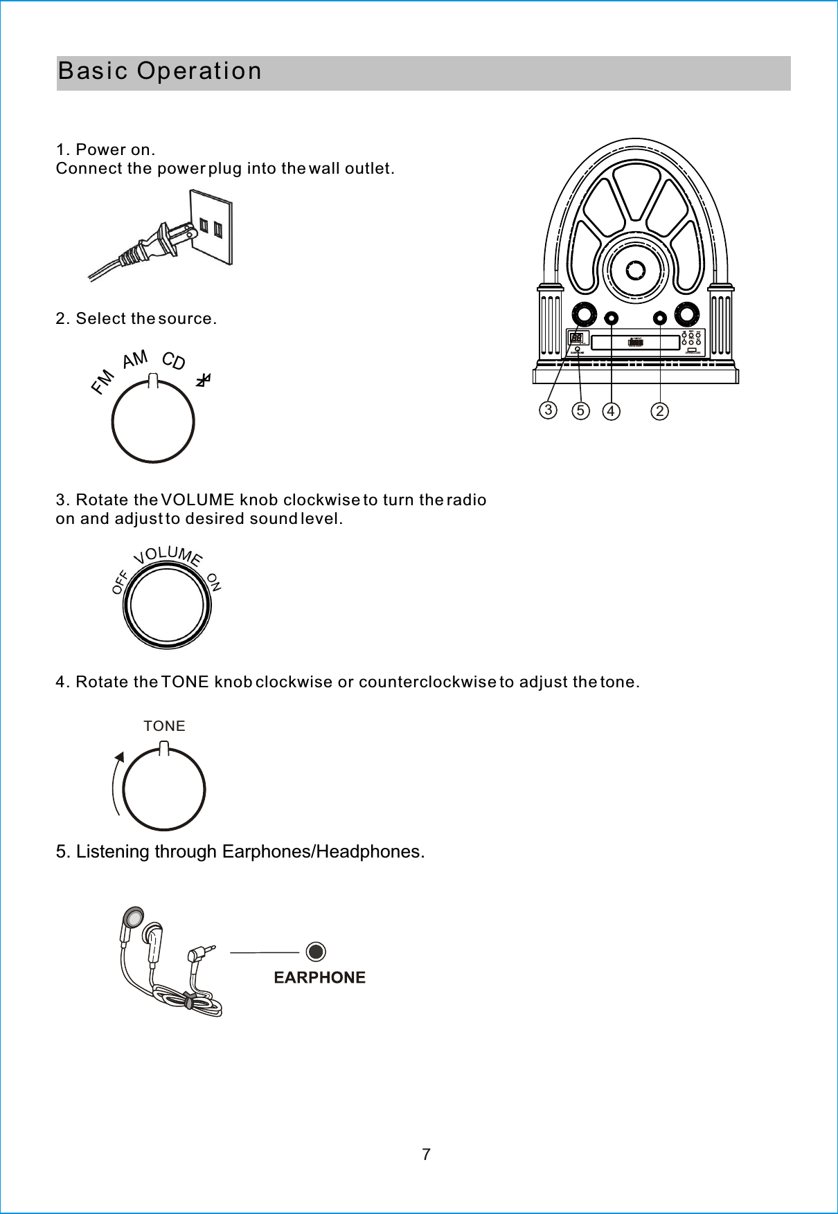 7Bas i c  Operat i o n1. Power on.Connect the power plug into the wall outlet.2. Select the source.3. Rotate the VOLUME knob clockwise to turn the radioon and adjust to desired sound level.4. Rotate the TONE knob clockwise or counterclockwise to adjust the tone.23TONEFMAMCD5. Listening through Earphones/Headphones.45EARPHONE OPEN/CLOSEPLAYREP.PRO.COMPACTDIGITAL AUDIO