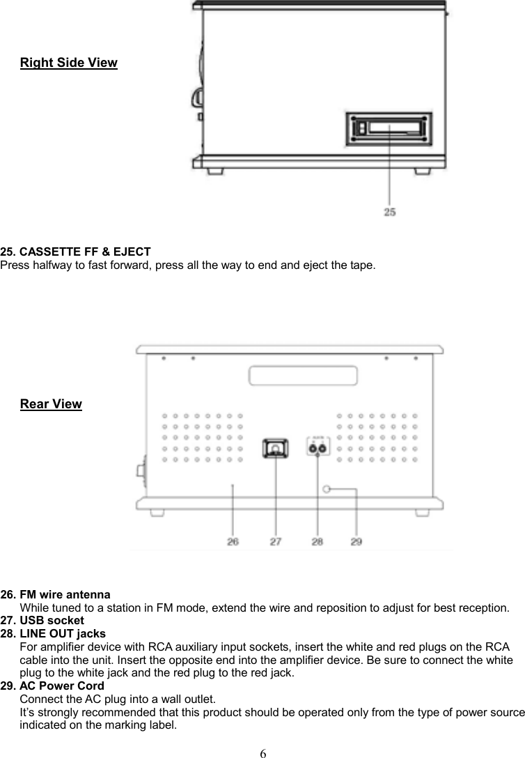 6          Right Side View             25. CASSETTE FF &amp; EJECT Press halfway to fast forward, press all the way to end and eject the tape.       Rear View          26. FM wire antenna While tuned to a station in FM mode, extend the wire and reposition to adjust for best reception. 27. USB socket 28. LINE OUT jacks For amplifier device with RCA auxiliary input sockets, insert the white and red plugs on the RCA cable into the unit. Insert the opposite end into the amplifier device. Be sure to connect the white plug to the white jack and the red plug to the red jack. 29. AC Power Cord Connect the AC plug into a wall outlet. It’s strongly recommended that this product should be operated only from the type of power source indicated on the marking label. 