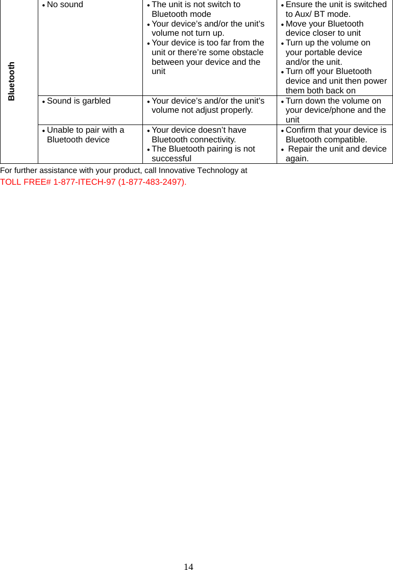 14   For further assistance with your product, call Innovative Technology at TOLL FREE# 1-877-ITECH-97 (1-877-483-2497).  Bluetooth • No sound  • The unit is not switch to Bluetooth mode • Your device’s and/or the unit’s volume not turn up. • Your device is too far from the unit or there’re some obstacle between your device and the unit • Ensure the unit is switched to Aux/ BT mode. • Move your Bluetooth device closer to unit • Turn up the volume on your portable device and/or the unit.  • Turn off your Bluetooth device and unit then power them both back on • Sound is garbled   • Your device’s and/or the unit’s volume not adjust properly. • Turn down the volume on your device/phone and the unit • Unable to pair with a Bluetooth device • Your device doesn’t have Bluetooth connectivity. • The Bluetooth pairing is not successful • Confirm that your device is Bluetooth compatible.  •  Repair the unit and device again. 