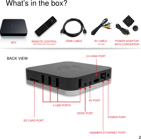 !4 USB PORTS1000MBPS ETHERNET PORT2.0 HDMI PORTPOWER PORTSPDIF PORTAV PORTSD CARD PORTWhat&rsquo;s in the box?BTVREMOTE CONTROLHDMI CABLEPOWER ADAPTORWITH CONVERTER(BATTERIES NOT INCLUDED)2BACK VIEWAV CABLE(OPTION)