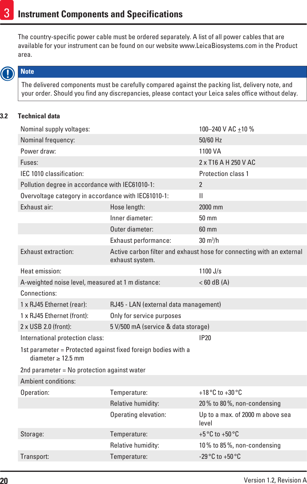 20 Version 1.2, Revision A Instrument Components and Specifications3The country-specific power cable must be ordered separately. A list of all power cables that are available for your instrument can be found on our website www.LeicaBiosystems.com in the Product area.Note The delivered components must be carefully compared against the packing list, delivery note, and your order. Should you find any discrepancies, please contact your Leica sales office without delay.3.2  Technical dataNominal supply voltages: 100–240 V AC +10 %Nominal frequency: 50/60 HzPower draw: 1100 VAFuses: 2 x T16 A H 250 V ACIEC 1010 classification: Protection class 1Pollution degree in accordance with IEC61010-1: 2Overvoltage category in accordance with IEC61010-1: IIExhaust air: Hose length: 2000 mmInner diameter: 50 mmOuter diameter: 60 mmExhaust performance: 30 m3/hExhaust extraction: Active carbon filter and exhaust hose for connecting with an external exhaust system.Heat emission: 1100 J/sA-weighted noise level, measured at 1 m distance: &lt; 60 dB (A)Connections:1 x RJ45 Ethernet (rear): RJ45 - LAN (external data management)1 x RJ45 Ethernet (front): Only for service purposes2 x USB 2.0 (front): 5 V/500 mA (service &amp; data storage)International protection class:1st  parameter = Protected against fixed foreign bodies with a diameter≥12.5mm2nd parameter = No protection against waterIP20Ambient conditions:Operation: Temperature: +18 °C to +30 °CRelative humidity: 20 % to 80 %, non-condensingOperating elevation: Up to a max. of 2000 m above sea levelStorage: Temperature: +5 °C to +50 °CRelative humidity: 10 % to 85 %, non-condensingTransport: Temperature: -29 °C to +50 °C