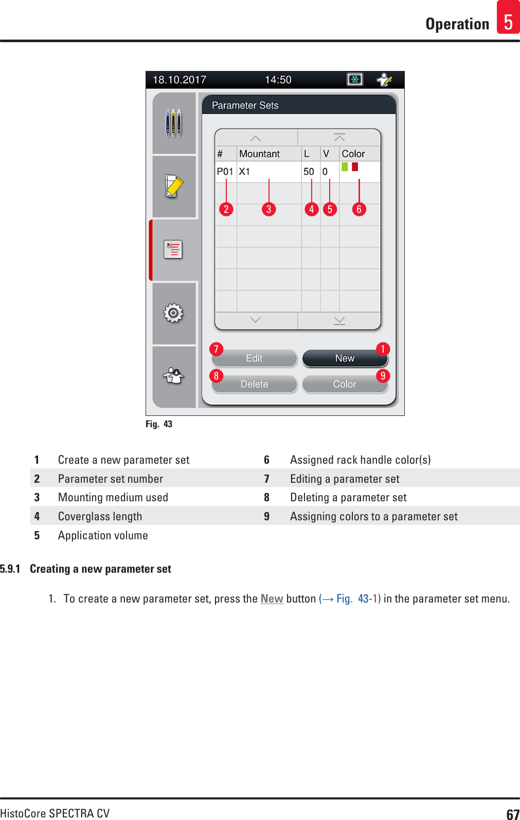 67HistoCore SPECTRA CVOperation 51278 93 4 5 6Fig. 43   1Create a new parameter set 6Assigned rack handle color(s)2Parameter set number 7Editing a parameter set3Mounting medium used 8Deleting a parameter set4Coverglass length 9Assigning colors to a parameter set5Application volume5.9.1  Creating a new parameter set1.  To create a new parameter set, press the New button (→ Fig.  43-1) in the parameter set menu.