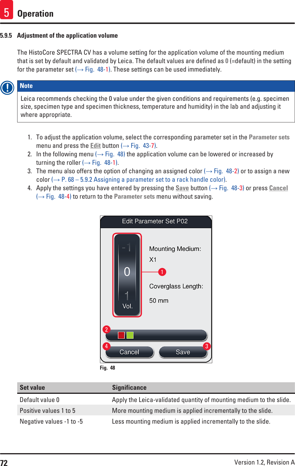 72 Version 1.2, Revision A Operation55.9.5  Adjustment of the application volumeThe HistoCore SPECTRA CV has a volume setting for the application volume of the mounting medium that is set by default and validated by Leica. The default values are defined as 0 (=default) in the setting for the parameter set (→ Fig.  48-1). These settings can be used immediately.Note Leica recommends checking the 0 value under the given conditions and requirements (e.g. specimen size, specimen type and specimen thickness, temperature and humidity) in the lab and adjusting it where appropriate.1.  To adjust the application volume, select the corresponding parameter set in the Parameter sets menu and press the Edit button (→ Fig.  43-7).2.  In the following menu (→ Fig.  48) the application volume can be lowered or increased by turning the roller (→ Fig.  48-1).3.  The menu also offers the option of changing an assigned color (→ Fig.  48-2) or to assign a new color (→ P. 68 – 5.9.2 Assigning a parameter set to a rack handle color).4.  Apply the settings you have entered by pressing the Save button (→ Fig.  48-3) or press Cancel (→ Fig.  48-4) to return to the Parameter sets menu without saving.1342Fig. 48   Set value SignificanceDefault value 0 Apply the Leica-validated quantity of mounting medium to the slide.Positive values 1 to 5 More mounting medium is applied incrementally to the slide. Negative values -1 to -5 Less mounting medium is applied incrementally to the slide.
