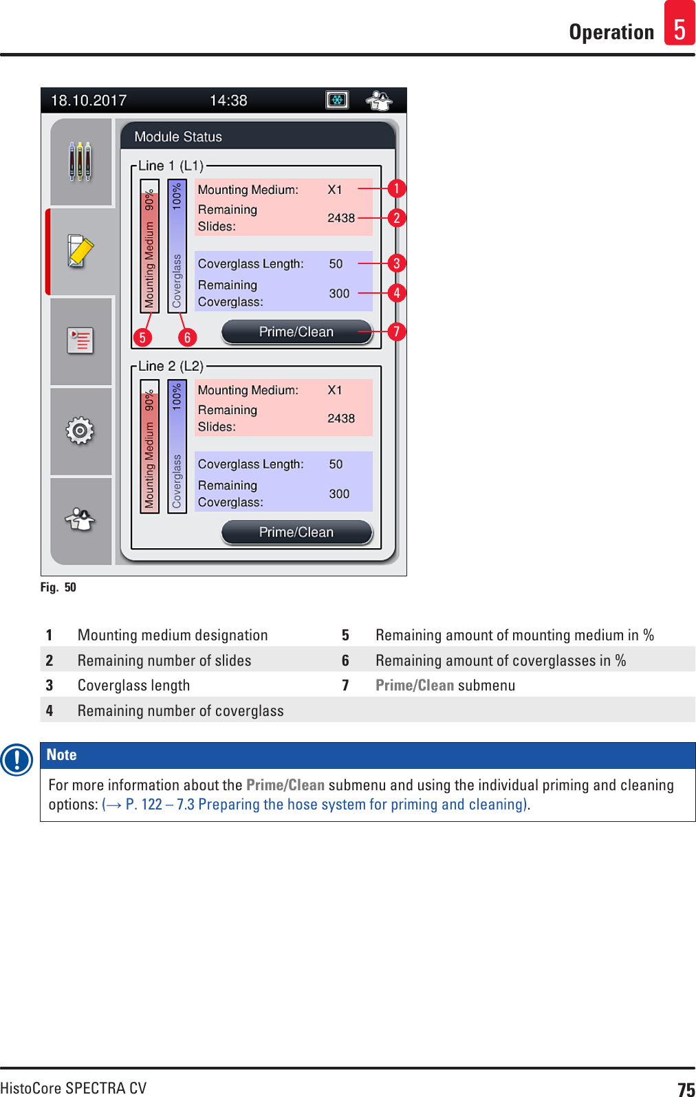75HistoCore SPECTRA CVOperation 51623475Fig. 50   1Mounting medium designation 5Remaining amount of mounting medium in %2Remaining number of slides 6Remaining amount of coverglasses in %3Coverglass length 7Prime/Clean submenu4Remaining number of coverglassNote For more information about the Prime/Clean submenu and using the individual priming and cleaning options: (→ P. 122 – 7.3 Preparing the hose system for priming and cleaning).