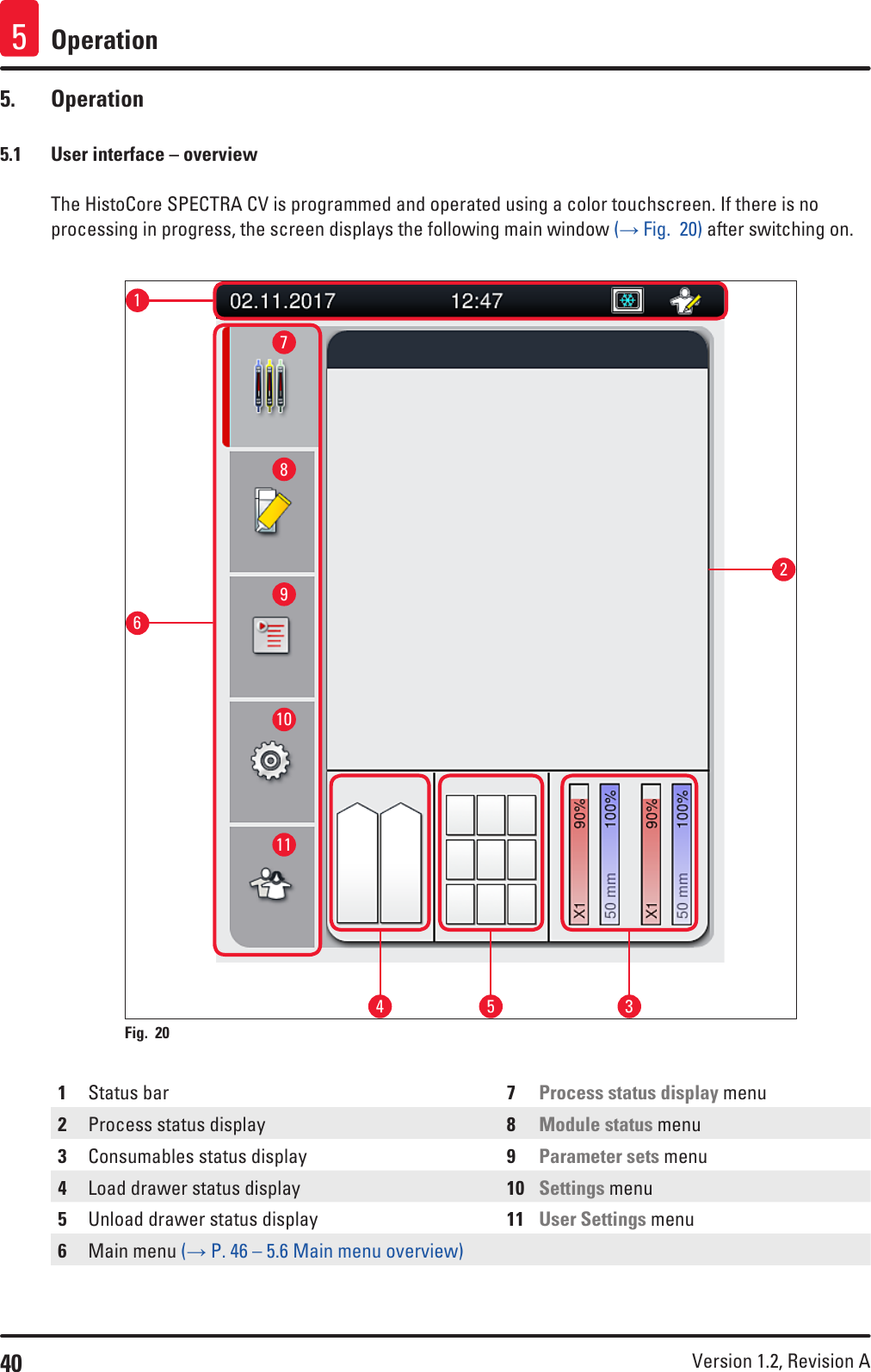 40 Version 1.2, Revision A Operation55.  Operation5.1  User interface – overviewThe HistoCore SPECTRA CV is programmed and operated using a color touchscreen. If there is no processing in progress, the screen displays the following main window (→ Fig.  20) after switching on.1523467891011Fig. 20   1Status bar 7Process status display menu2Process status display 8Module status menu3Consumables status display 9Parameter sets menu4Load drawer status display 10 Settings menu5Unload drawer status display 11 User Settings menu6Main menu (→ P. 46 – 5.6 Main menu overview)