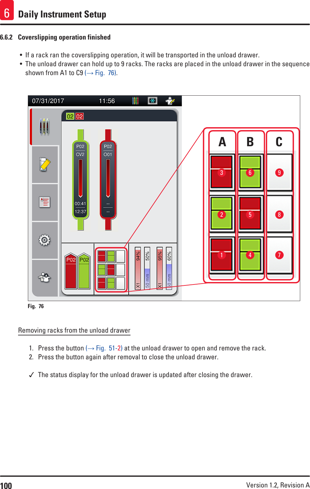 100 Version 1.2, Revision A Daily Instrument Setup66.6.2  Coverslipping operation finished• If a rack ran the coverslipping operation, it will be transported in the unload drawer.• The unload drawer can hold up to 9 racks. The racks are placed in the unload drawer in the sequence shown from A1 to C9 (→ Fig.  76).A B C162738459Fig. 76   Removing racks from the unload drawer1.  Press the button (→ Fig.  51-2) at the unload drawer to open and remove the rack.2.  Press the button again after removal to close the unload drawer. The status display for the unload drawer is updated after closing the drawer.