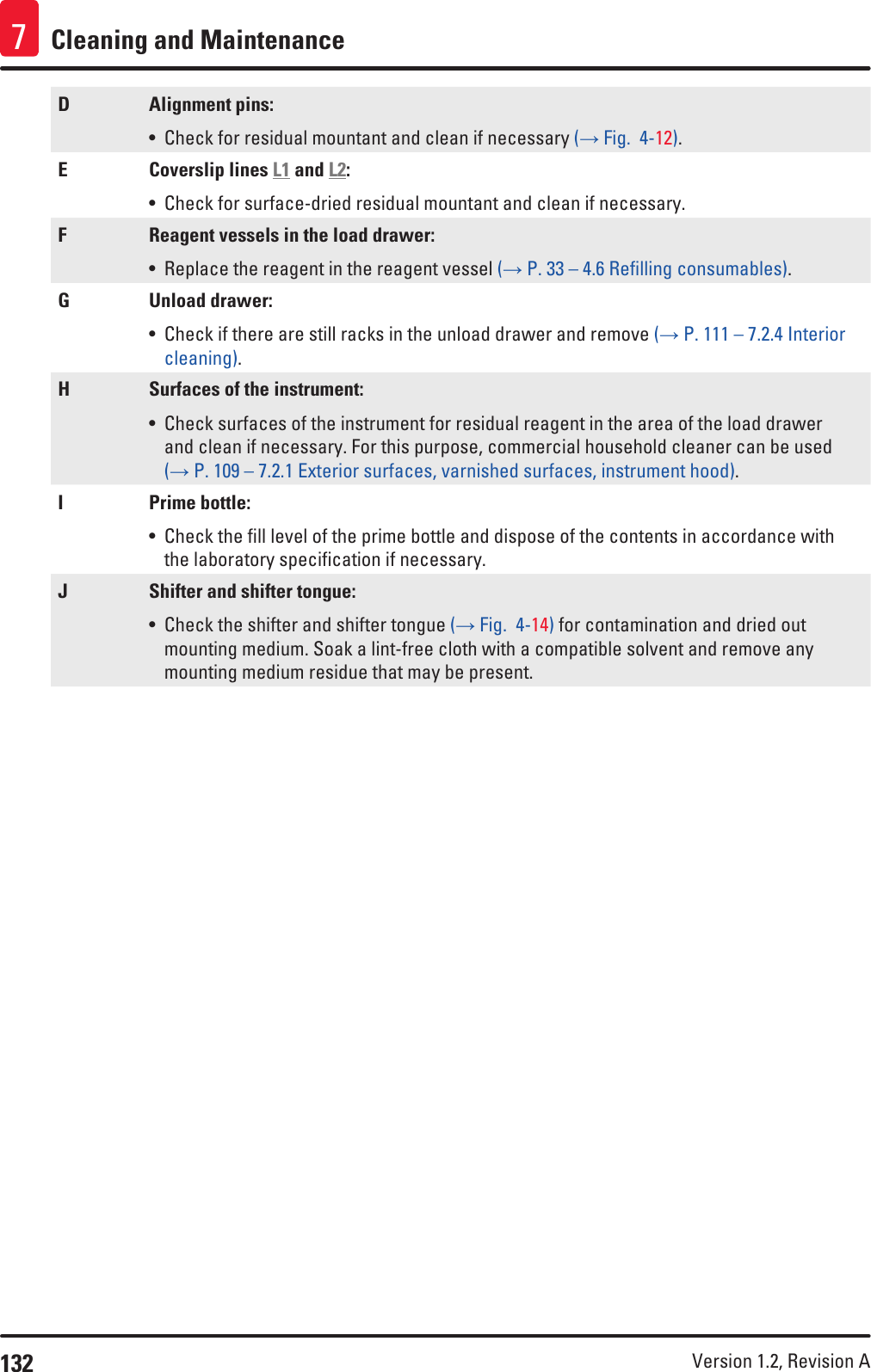 132 Version 1.2, Revision A Cleaning and Maintenance7D Alignment pins:• Check for residual mountant and clean if necessary (→ Fig.  4-12).E Coverslip lines L1 and L2:• Check for surface-dried residual mountant and clean if necessary.F Reagent vessels in the load drawer:• Replace the reagent in the reagent vessel (→ P. 33 – 4.6 Refilling consumables).G Unload drawer:• Check if there are still racks in the unload drawer and remove (→ P. 111 – 7.2.4 Interior cleaning).H Surfaces of the instrument:• Check surfaces of the instrument for residual reagent in the area of the load drawer and clean if necessary. For this purpose, commercial household cleaner can be used (→ P. 109 – 7.2.1 Exterior surfaces, varnished surfaces, instrument hood).I Prime bottle:• Check the fill level of the prime bottle and dispose of the contents in accordance with the laboratory specification if necessary.J Shifter and shifter tongue:• Check the shifter and shifter tongue (→ Fig.  4-14) for contamination and dried out mounting medium. Soak a lint-free cloth with a compatible solvent and remove any mounting medium residue that may be present.