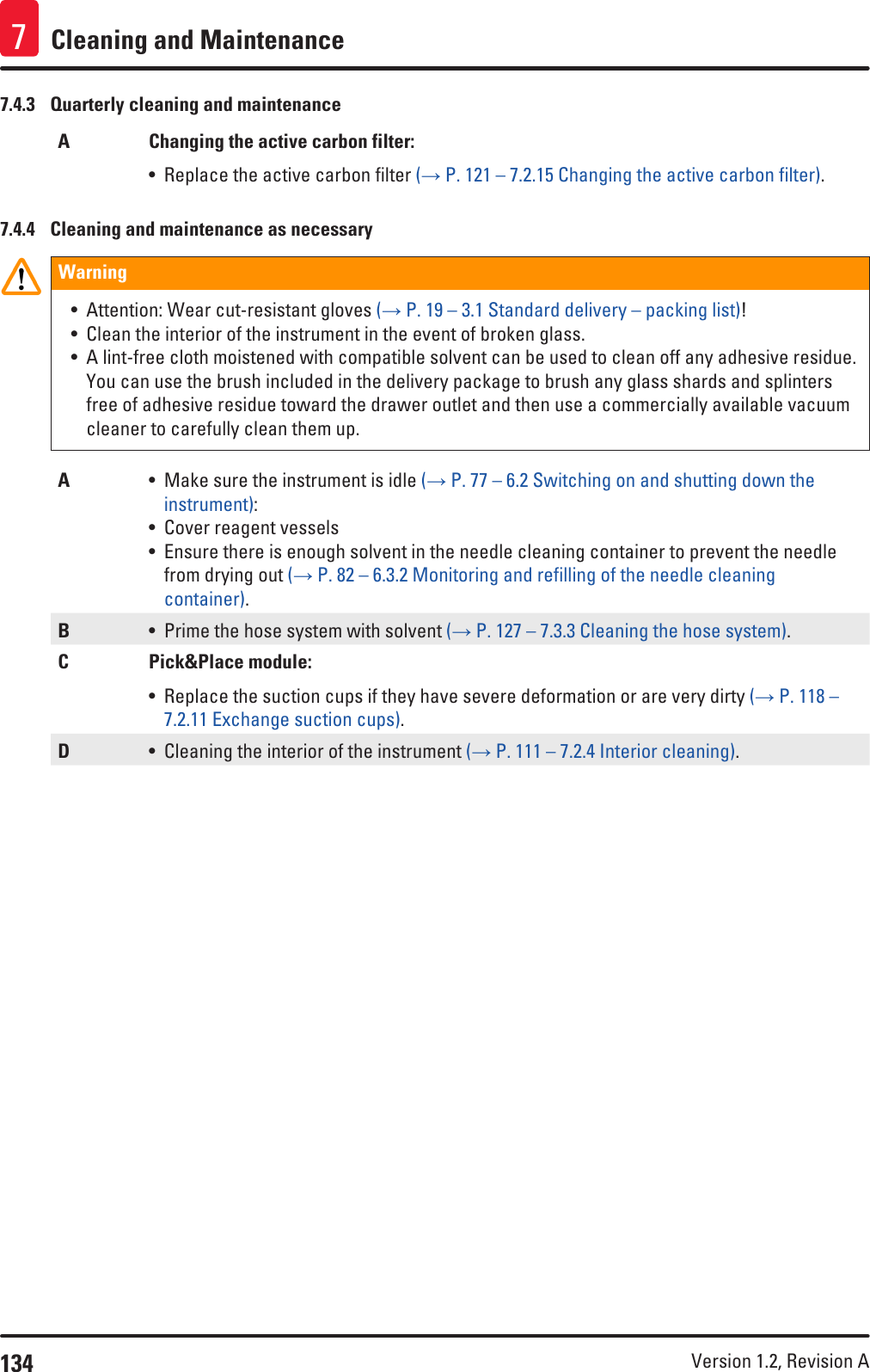 134 Version 1.2, Revision A Cleaning and Maintenance77.4.3  Quarterly cleaning and maintenanceA Changing the active carbon filter:• Replace the active carbon filter (→ P. 121 – 7.2.15 Changing the active carbon filter).7.4.4  Cleaning and maintenance as necessaryWarning• Attention: Wear cut-resistant gloves (→ P. 19 – 3.1 Standard delivery – packing list)! • Clean the interior of the instrument in the event of broken glass.• A lint-free cloth moistened with compatible solvent can be used to clean off any adhesive residue. You can use the brush included in the delivery package to brush any glass shards and splinters free of adhesive residue toward the drawer outlet and then use a commercially available vacuum cleaner to carefully clean them up.A• Make sure the instrument is idle (→ P. 77 – 6.2 Switching on and shutting down the instrument):• Cover reagent vessels• Ensure there is enough solvent in the needle cleaning container to prevent the needle from drying out (→ P. 82 – 6.3.2 Monitoring and refilling of the needle cleaning container).B• Prime the hose system with solvent (→ P. 127 – 7.3.3 Cleaning the hose system).C Pick&amp;Place module:• Replace the suction cups if they have severe deformation or are very dirty (→ P. 118 – 7.2.11 Exchange suction cups).D• Cleaning the interior of the instrument (→ P. 111 – 7.2.4 Interior cleaning).