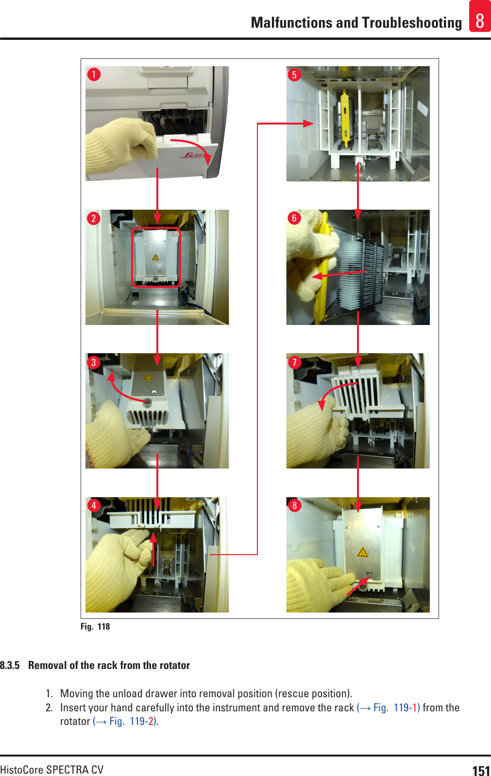 151HistoCore SPECTRA CVMalfunctions and Troubleshooting 816273845Fig. 118   8.3.5  Removal of the rack from the rotator1.  Moving the unload drawer into removal position (rescue position).2.  Insert your hand carefully into the instrument and remove the rack (→ Fig.  119-1) from the rotator (→ Fig.  119-2).