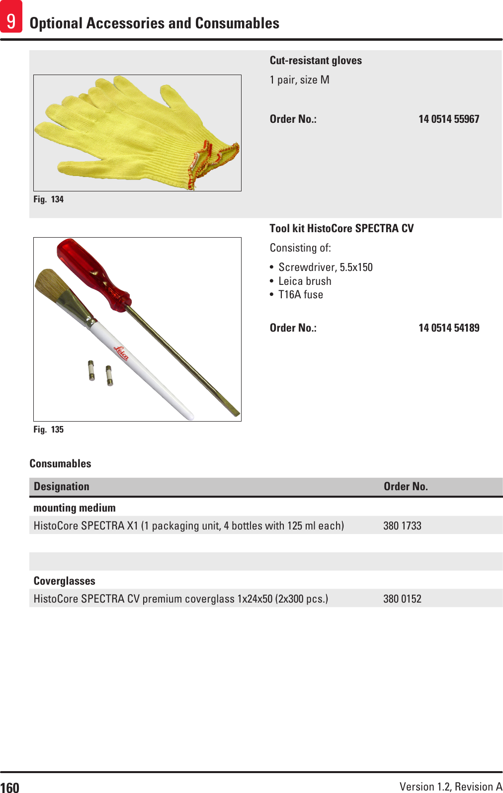 160 Version 1.2, Revision A Optional Accessories and Consumables9Fig. 134   Cut-resistant gloves1 pair, size MOrder No.:       14 0514 55967Fig. 135   Tool kit HistoCore SPECTRA CVConsisting of:• Screwdriver, 5.5x150• Leica brush• T16A fuseOrder No.:       14 0514 54189ConsumablesDesignation Order No.mounting mediumHistoCore SPECTRA X1 (1 packaging unit, 4 bottles with 125 ml each)  380 1733CoverglassesHistoCore SPECTRA CV premium coverglass 1x24x50 (2x300 pcs.) 380 0152