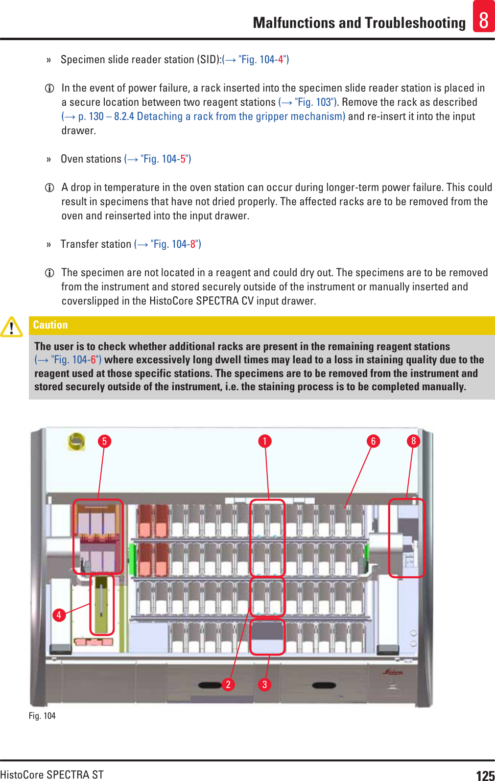 125HistoCore SPECTRA STMalfunctions and Troubleshooting 8 » Specimen slide reader station (SID):(→ &quot;Fig. 104-4&quot;) LIn the event of power failure, a rack inserted into the specimen slide reader station is placed in a secure location between two reagent stations (→ &quot;Fig. 103&quot;). Remove the rack as described (→ p. 130 – 8.2.4 Detaching a rack from the gripper mechanism) and re-insert it into the input drawer. » Oven stations (→ &quot;Fig. 104-5&quot;) LA drop in temperature in the oven station can occur during longer-term power failure. This could result in specimens that have not dried properly. The affected racks are to be removed from the oven and reinserted into the input drawer. » Transfer station (→ &quot;Fig. 104-8&quot;) LThe specimen are not located in a reagent and could dry out. The specimens are to be removed from the instrument and stored securely outside of the instrument or manually inserted and coverslipped in the HistoCore SPECTRA CV input drawer.Caution The user is to check whether additional racks are present in the remaining reagent stations (→ &quot;Fig. 104-6&quot;) where excessively long dwell times may lead to a loss in staining quality due to the reagent used at those specific stations. The specimens are to be removed from the instrument and stored securely outside of the instrument, i.e. the staining process is to be completed manually.Fig. 104   1532648