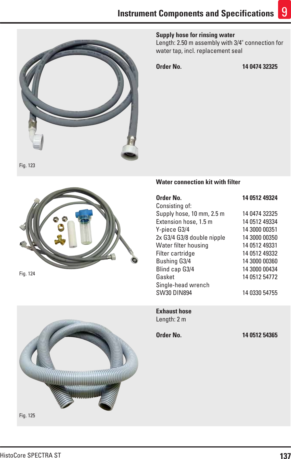 137HistoCore SPECTRA STInstrument Components and Specifications 9Fig. 123   Supply hose for rinsing waterLength: 2.50 m assembly with 3/4&quot; connection for water tap, incl. replacement sealOrder No.      14 0474 32325Fig. 124   Water connection kit with filterOrder No.      14 0512 49324Consisting of:Supply hose, 10 mm, 2.5 m  14 0474 32325Extension hose, 1.5 m    14 0512 49334Y-piece G3/4      14 3000 003512x G3/4 G3/8 double nipple  14 3000 00350Water filter housing    14 0512 49331Filter cartridge      14 0512 49332Bushing G3/4      14 3000 00360Blind cap G3/4      14 3000 00434Gasket    14 0512 54772Single-head wrench  SW30 DIN894      14 0330 54755Fig. 125   Exhaust hoseLength: 2 mOrder No.      14 0512 54365