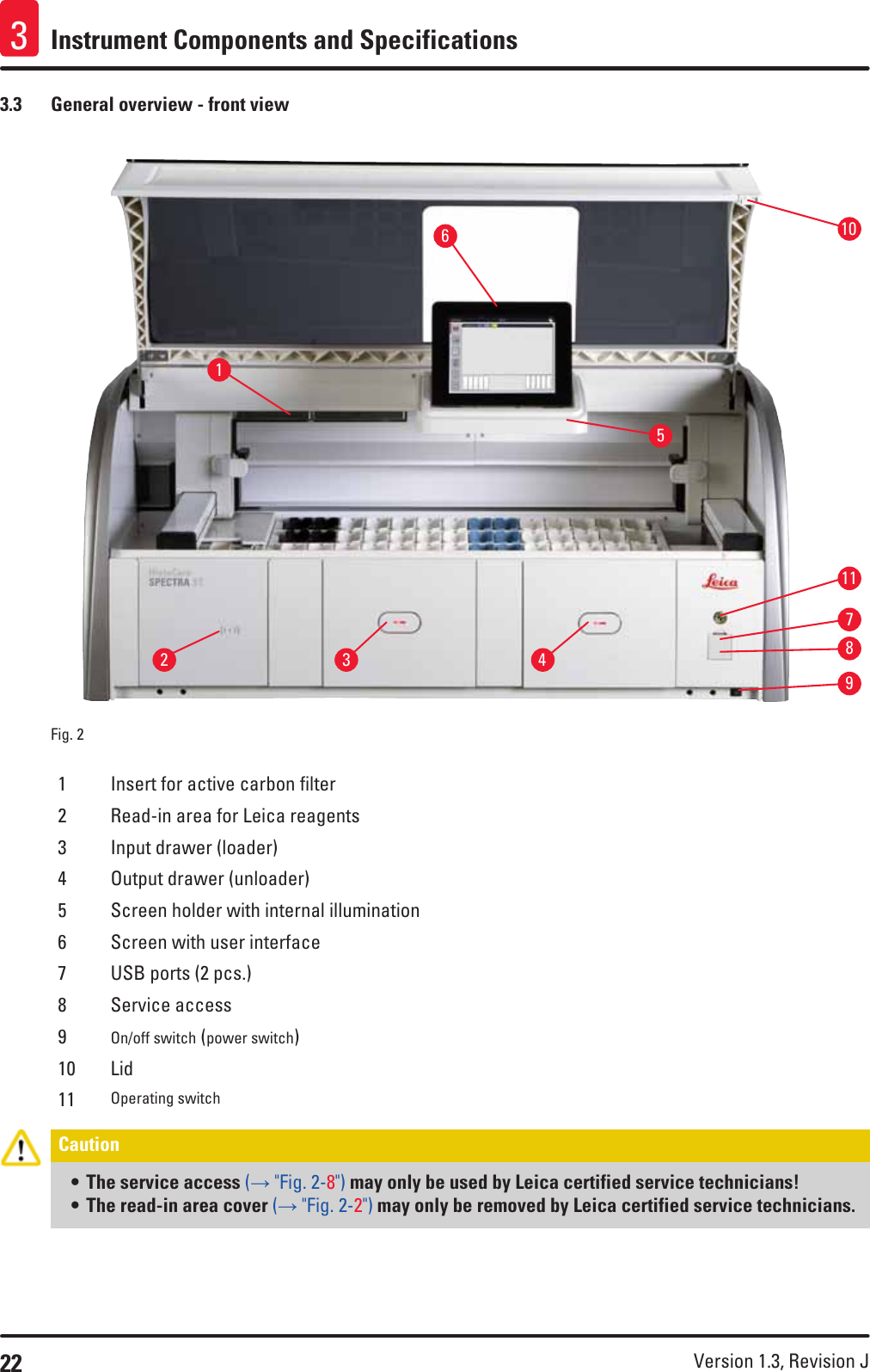 22 Version 1.3, Revision J Instrument Components and Specifications33.3  General overview - front viewFig. 2   19531172106481 Insert for active carbon filter2 Read-in area for Leica reagents3 Input drawer (loader)4 Output drawer (unloader)5 Screen holder with internal illumination6 Screen with user interface7 USB ports (2 pcs.)8 Service access9On/off switch (power switch)10 Lid11 Operating switchCaution • The service access (→ &quot;Fig. 2-8&quot;) may only be used by Leica certified service technicians!• The read-in area cover (→ &quot;Fig. 2-2&quot;) may only be removed by Leica certified service technicians.