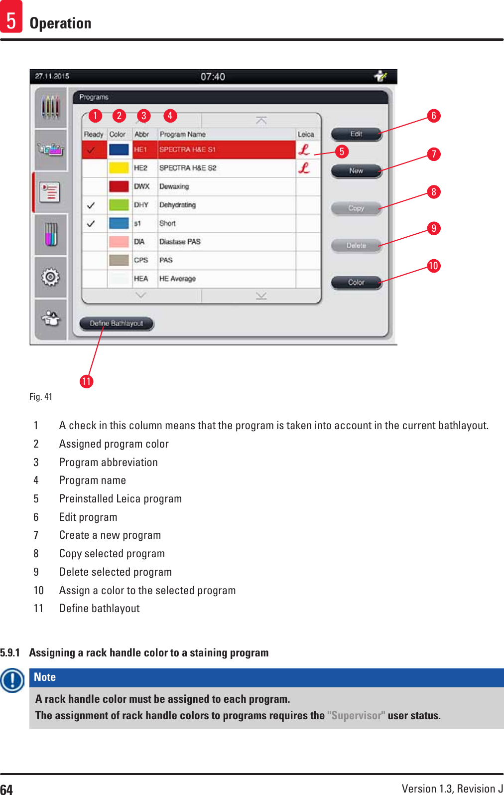 64 Version 1.3, Revision J Operation51953117210648Fig. 41   1 A check in this column means that the program is taken into account in the current bathlayout.2 Assigned program color3 Program abbreviation4 Program name5 Preinstalled Leica program6 Edit program7 Create a new program8 Copy selected program9 Delete selected program10 Assign a color to the selected program11 Define bathlayout5.9.1  Assigning a rack handle color to a staining programNote A rack handle color must be assigned to each program.The assignment of rack handle colors to programs requires the &quot;Supervisor&quot; user status.