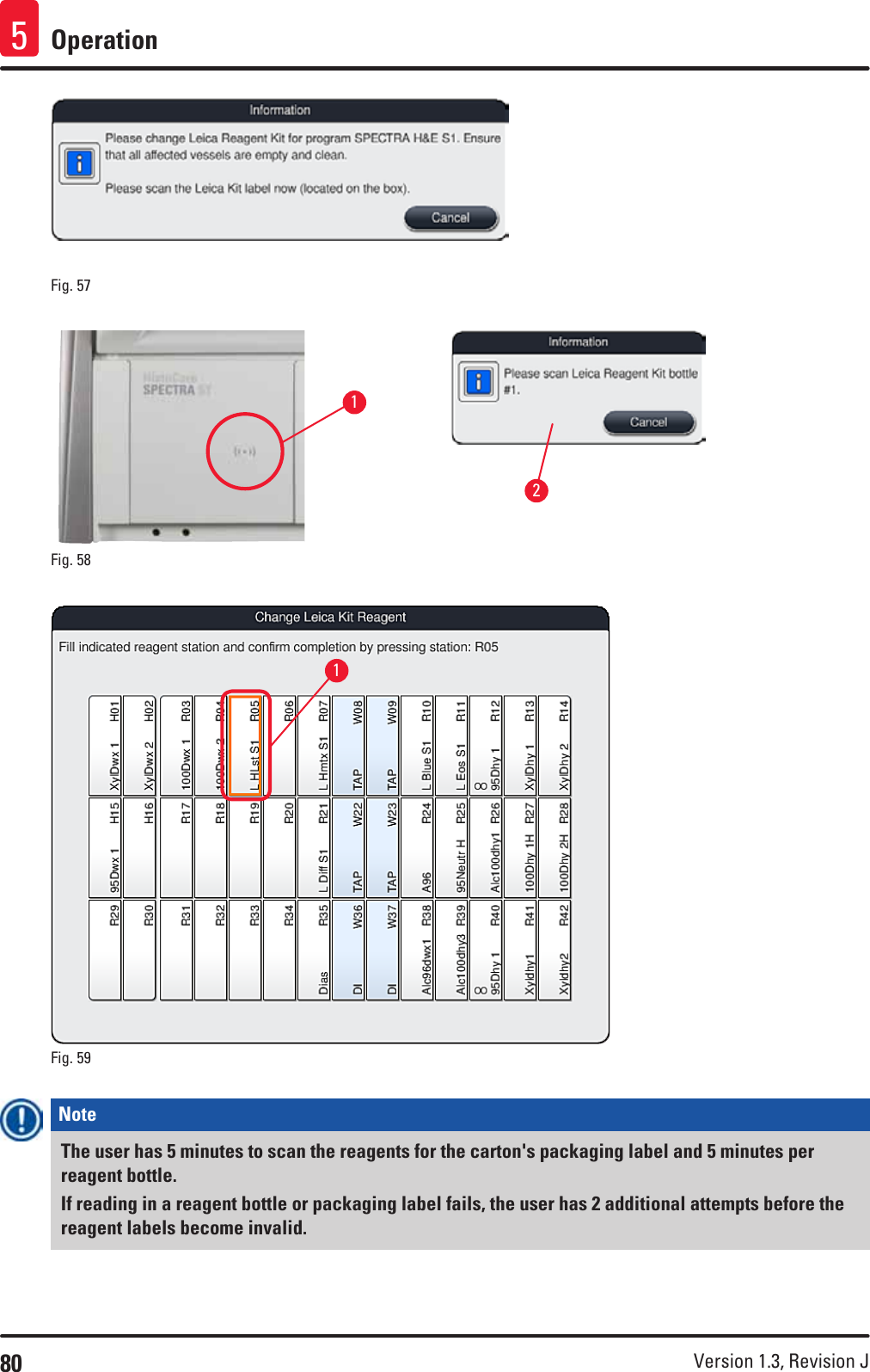 80 Version 1.3, Revision J Operation5Fig. 57   12Fig. 58   1Fig. 59   Note The user has 5 minutes to scan the reagents for the carton&apos;s packaging label and 5 minutes per reagent bottle.If reading in a reagent bottle or packaging label fails, the user has 2 additional attempts before the reagent labels become invalid.