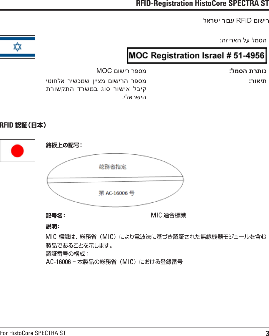 3For HistoCore SPECTRA STRFID-Registration HistoCore SPECTRA ST:הזיראה לע למסהMOC םושיר רפסמ :למסה תרתוכ יטוחלא  רישכמש  ןייצמ  םושירה  רפסמ תרושקתה  דרשמב  גוס  רושיא  לביק.ילארשיה :רואיתRFID-Registration for IsraelRFID-Registration for Japan