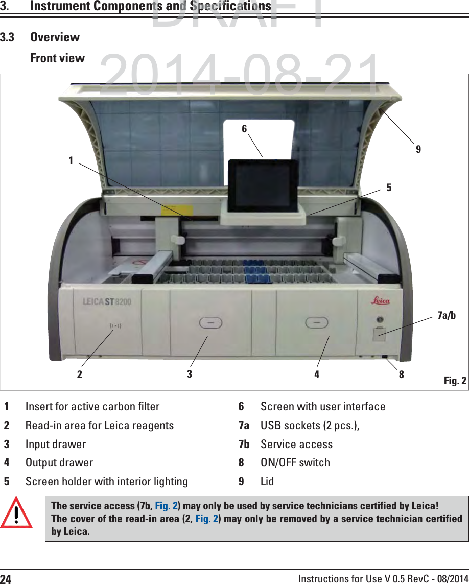 24 Instructions for Use V 0.5 RevC - 08/20143.  Instrument Components and Specifications3.3 OverviewFig. 2Front view1234561Insert for active carbon filter 6Screen with user interface2Read-in area for Leica reagents 7a USB sockets (2 pcs.),3Input drawer 7b Service access4Output drawer 8ON/OFF switch5Screen holder with interior lighting 9Lid7a/b89The service access (7b, Fig. 2) may only be used by service technicians certified by Leica!The cover of the read-in area (2, Fig. 2) may only be removed by a service technician certified by Leica.DRAFTDRAFTDRAFTts and Specificationsts and Specificationp2014-08-212014 08 212014 08 21