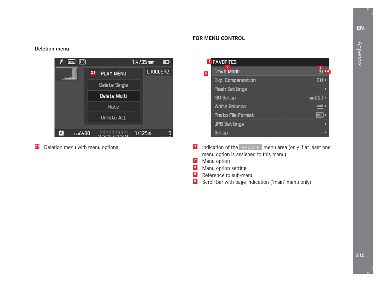 EN215AppendixDeletion menuFOR MENU CONTROL213452121  Deletion menu with menu options 1  Indication of the FAVORITES menu area (only if at least one menu option is assigned to this menu)2 Menu option3  Menu option setting4  Reference to sub-menu5  Scroll bar with page indication (‘main’ menu only) 