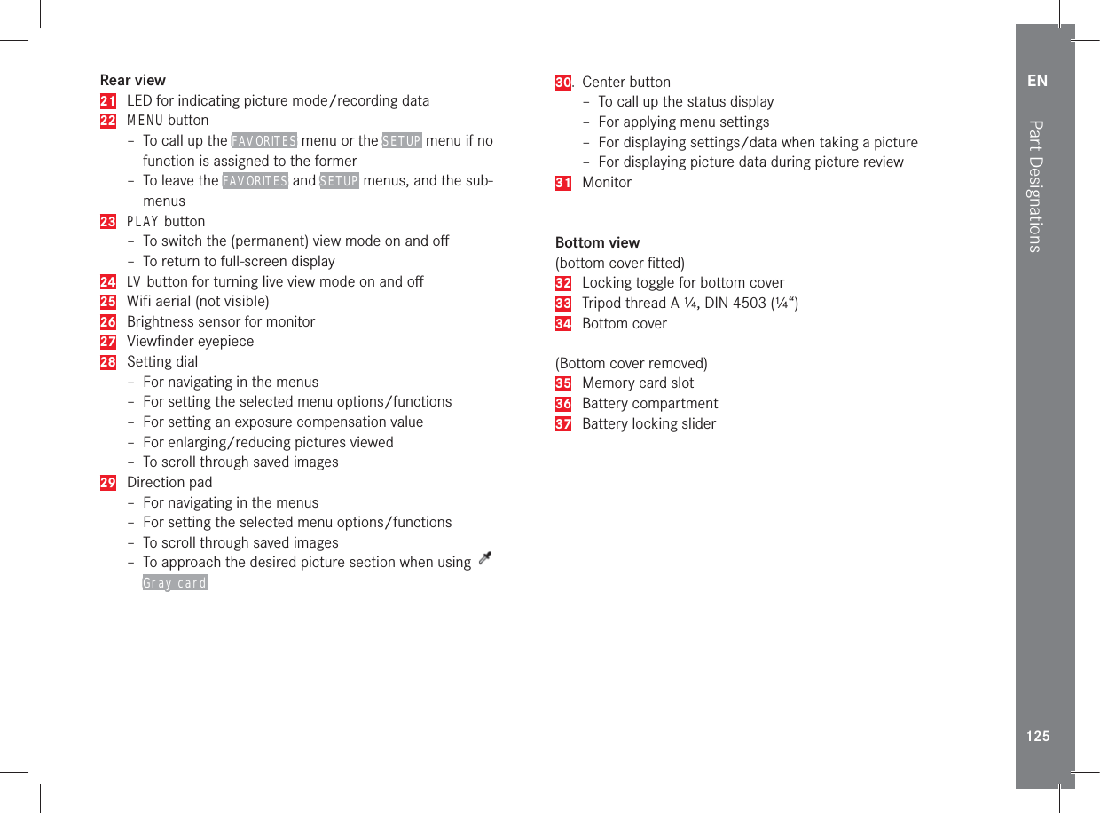 ENPart Designations125Rear view21  LED for indicating picture mode/recording data22 MENU button–  To call up the FAVORITES menu or the SETUP menu if no function is assigned to the former–  To leave the FAVORITES and SETUP menus, and the sub-menus23 PLAY button–  To switch the (permanent) view mode on and oﬀ–  To return to full-screen display24 LV button for turning live view mode on and oﬀ25  Wifi aerial (not visible)26  Brightness sensor for monitor27 Viewﬁnder eyepiece28 Setting dial–  For navigating in the menus–  For setting the selected menu options/functions–  For setting an exposure compensation value–  For enlarging/reducing pictures viewed–  To scroll through saved images 29 Direction pad–  For navigating in the menus–  For setting the selected menu options/functions–  To scroll through saved images–  To approach the desired picture section when using   Gray card 30. Center button–  To call up the status display–  For applying menu settings –  For displaying settings/data when taking a picture–  For displaying picture data during picture review31 MonitorBottom view (bottom cover ﬁtted)32  Locking toggle for bottom cover33  Tripod thread A ¼, DIN 4503 (¼“)34 Bottom cover(Bottom cover removed)35  Memory card slot36 Battery compartment37  Battery locking slider