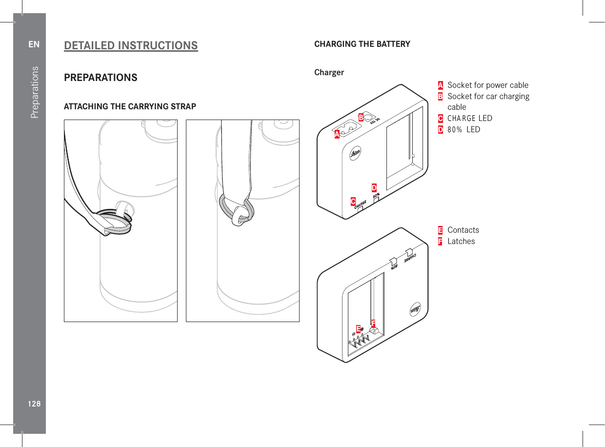 EN128PreparationsDETAILED INSTRUCTIONSPREPARATIONSATTACHING THE CARRYING STRAP CHARGING THE BATTERYChargerACDBA   Socket for power cableB   Socket for car charging cableC  CHARGE LEDD  80% LEDEFE ContactsF Latches