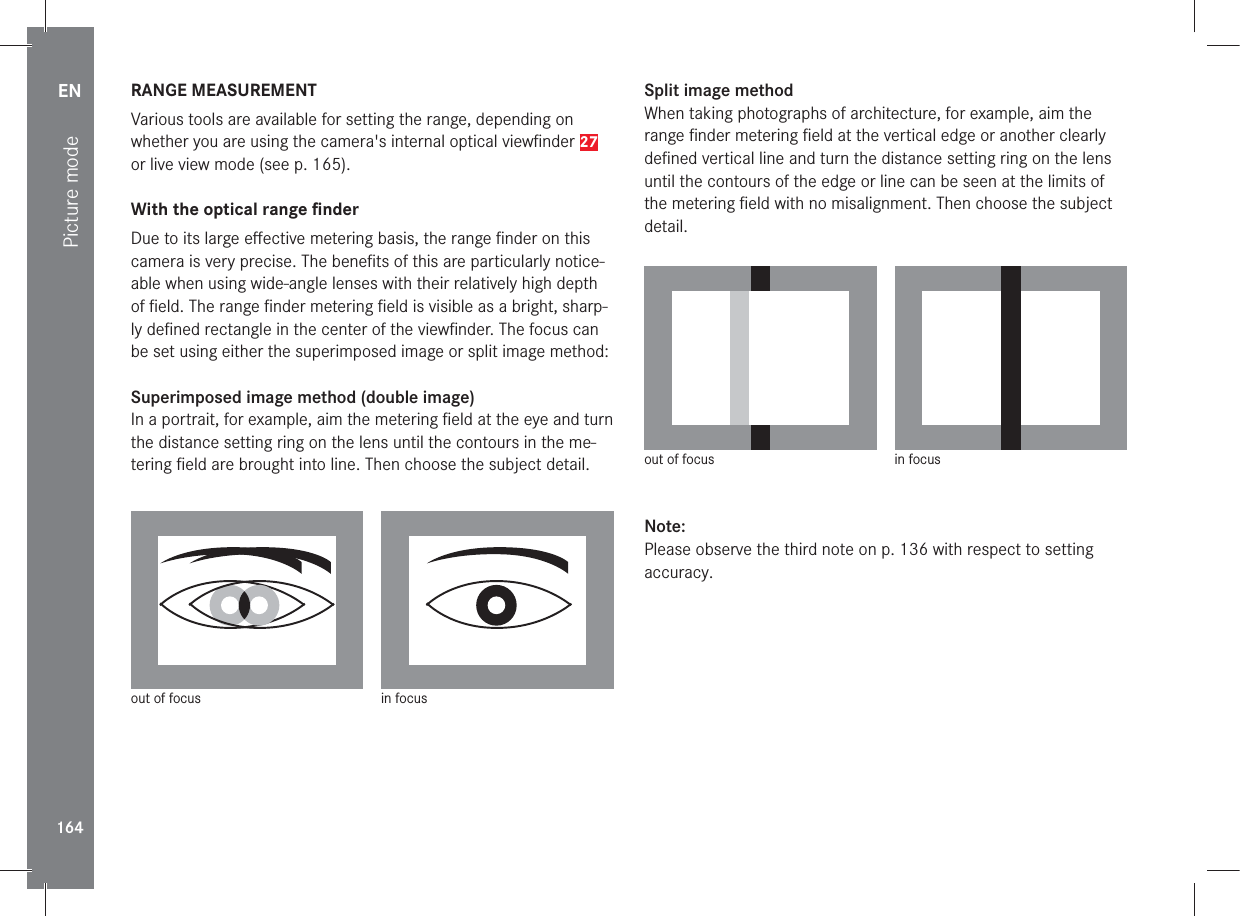 EN164Picture modeRANGE MEASUREMENTVarious tools are available for setting the range, depending on whether you are using the camera&apos;s internal optical viewﬁnder 27 or live view mode (see p. 165).With the optical range ﬁnderDue to its large eﬀective metering basis, the range ﬁnder on this camera is very precise. The beneﬁts of this are particularly notice-able when using wide-angle lenses with their relatively high depth of ﬁeld. The range ﬁnder metering ﬁeld is visible as a bright, sharp-ly deﬁned rectangle in the center of the viewﬁnder. The focus can be set using either the superimposed image or split image method:Superimposed image method (double image)In a portrait, for example, aim the metering ﬁeld at the eye and turn the distance setting ring on the lens until the contours in the me-tering ﬁeld are brought into line. Then choose the subject detail.out of focus in focusSplit image methodWhen taking photographs of architecture, for example, aim the range ﬁnder metering ﬁeld at the vertical edge or another clearly deﬁned vertical line and turn the distance setting ring on the lens until the contours of the edge or line can be seen at the limits of the metering ﬁeld with no misalignment. Then choose the subject detail.out of focus in focus Note:Please observe the third note on p. 136 with respect to setting accuracy.