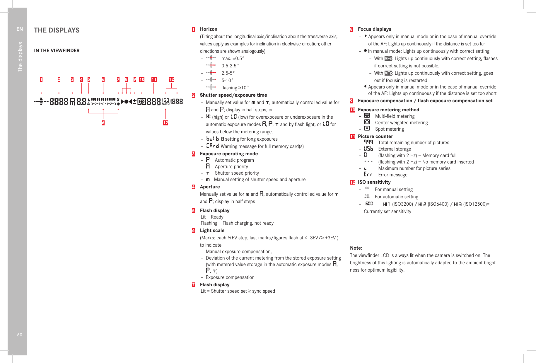 EN60The displaysTHE DISPLAYS IN THE VIEWFINDER1 2 3 5 6 97 8 1210 116 1241  Horizon  (Tilting about the longitudinal axis/inclination about the transverse axis; values apply as examples for inclination in clockwise direction; other directions are shown analogously) –  max. ±0.5° –  0.5-2.5° –  2.5-5°  –  5-10° –  ﬂashing ≥10°2 Shutter speed/exposure time –  Manually set value for   and  , automatically controlled value for  and  ; display in half steps, or –  (high) or   (low) for overexposure or underexposure in the automatic exposure modes  ,  ,   and by ﬂash light, or   for values below the metering range. –  B setting for long exposures –  Warning message for full memory card(s)3 Exposure operating mode –  Automatic program –  Aperture priority –  Shutter speed priority –   Manual setting of shutter speed and aperture4  Aperture Manually set value for   and  , automatically controlled value for   and  ; display in half steps5 Flash displayLit ReadyFlashing Flash charging, not ready 6  Light  scale  (Marks: each 1⁄2 EV step, last marks/ﬁgures ﬂash at ≤ -3EV/≥ +3EV ) to indicate – Manual exposure compensation, – Deviation of the current metering from the stored exposure setting (with metered value storage in the automatic exposure modes  , ,  ) – Exposure compensation7 Flash displayLit = Shutter speed set ≥ sync speed8 Focus displays –     Appears only in manual mode or in the case of manual override of the AF: Lights up continuously if the distance is set too far –     In manual mode: Lights up continuously with correct setting  – With AFs: Lights up continuously with correct setting, ﬂashes if correct setting is not possible, – With AFc: Lights up continuously with correct setting, goes out if focusing is restarted –   Appears only in manual mode or in the case of manual override of the AF: Lights up continuously if the distance is set too short9 Exposure compensation / ﬂash exposure compensation set10 Exposure metering method –    Multi-ﬁeld metering –    Center weighted metering –    Spot metering11 Picture counter –    Total remaining number of pictures –    External storage –    (ﬂashing with 2 Hz) = Memory card full –    (ﬂashing with 2 Hz) = No memory card inserted –    Maximum number for picture series –    Error message12 ISO sensitivity –    For manual setting –    For automatic setting –     HI 1 (ISO3200) / HI 2 (ISO6400) / HI 3 (ISO12500)= Currently set sensitivityNote:The viewﬁnder LCD is always lit when the camera is switched on. The brightness of this lighting is automatically adapted to the ambient bright-ness for optimum legibility.