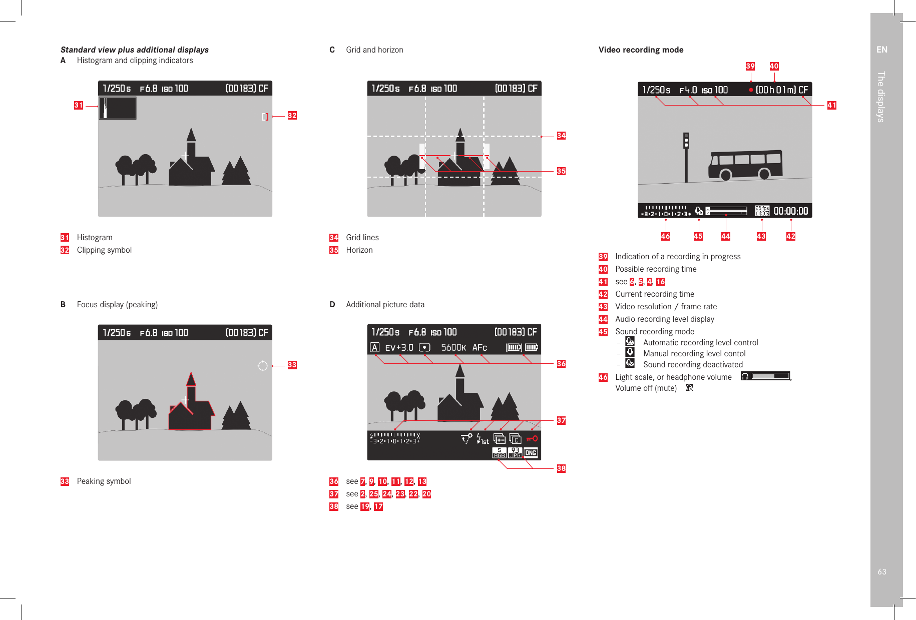 EN63The displaysStandard view plus additional displaysA  Histogram and clipping indicators323131  Histogram32  Clipping symbolB  Focus display (peaking)3333  Peaking symbolC  Grid and horizon343534  Grid lines35  HorizonD  Additional picture data36383736  see 7, 9, 10, 11, 12, 1337  see 2, 25, 24, 23, 22, 2038  see 19, 17Video recording mode40392644 43 4246 454139  Indication of a recording in progress40  Possible recording time41  see 6, 5, 4, 1642  Current recording time43  Video resolution / frame rate44 Audio recording level display45  Sound recording mode –  Automatic recording level control –  Manual recording level contol –  Sound recording deactivated46  Light scale, or headphone volume  ,Volume oﬀ  (mute) 