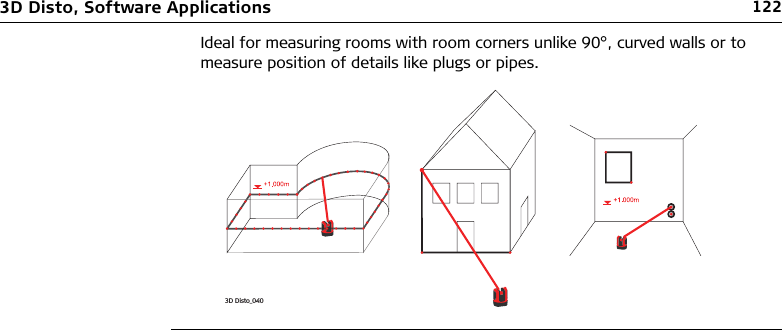 1223D Disto, Software ApplicationsIdeal for measuring rooms with room corners unlike 90°, curved walls or to measure position of details like plugs or pipes.3D Disto_040