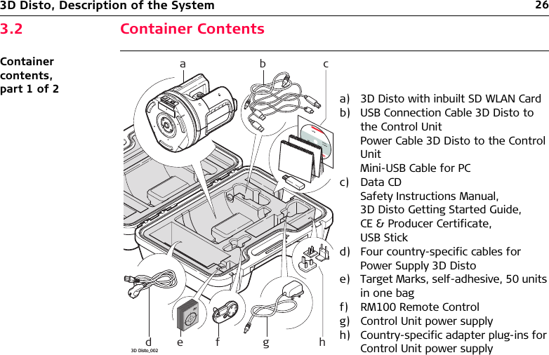 263D Disto, Description of the System3.2 Container ContentsContainer contents, part 1 of 2 a) 3D Disto with inbuilt SD WLAN Cardb) USB Connection Cable 3D Disto to the Control UnitPower Cable 3D Disto to the Control UnitMini-USB Cable for PCc) Data CDSafety Instructions Manual,3D Disto Getting Started Guide,CE &amp; Producer Certificate,USB Stickd) Four country-specific cables for Power Supply 3D Distoe) Target Marks, self-adhesive, 50 units in one bagf) RM100 Remote Controlg) Control Unit power supplyh) Country-specific adapter plug-ins for Control Unit power supplyabef g hdc3D Disto_002