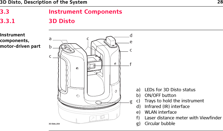 283D Disto, Description of the System3.3 Instrument Components3.3.1 3D DistoInstrument components, motor-driven parta) LEDs for 3D Disto statusb) ON/OFF buttonc) Trays to hold the instrumentd) Infrared (IR) interfacee) WLAN interfacef) Laser distance meter with Viewfinderg) Circular bubbleacbdefg3D Disto_004cc