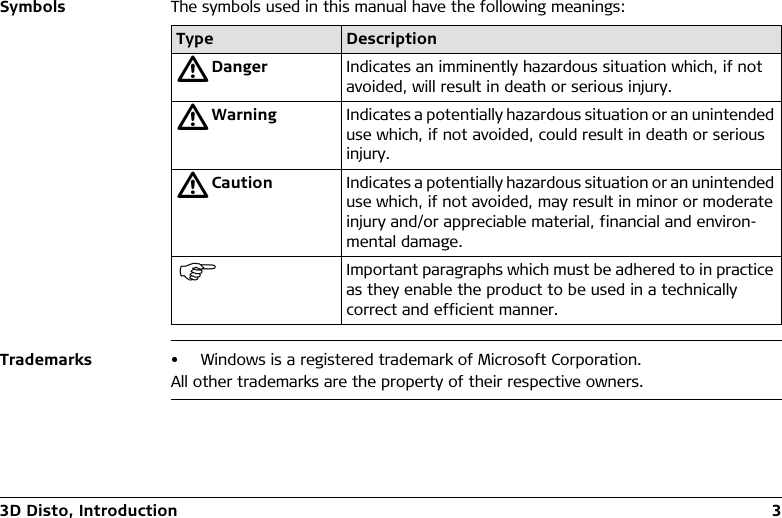 3D Disto, Introduction 3Symbols The symbols used in this manual have the following meanings:Trademarks • Windows is a registered trademark of Microsoft Corporation.All other trademarks are the property of their respective owners.Type DescriptionƽDanger Indicates an imminently hazardous situation which, if not avoided, will result in death or serious injury.ƽWarning Indicates a potentially hazardous situation or an unintended use which, if not avoided, could result in death or serious injury.ƽCaution Indicates a potentially hazardous situation or an unintended use which, if not avoided, may result in minor or moderate injury and/or appreciable material, financial and environ-mental damage.Important paragraphs which must be adhered to in practice as they enable the product to be used in a technically correct and efficient manner.