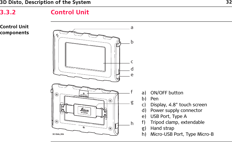 323D Disto, Description of the System3.3.2 Control UnitControl Unit componentsa) ON/OFF buttonb) Penc) Display, 4.8&quot; touch screend) Power supply connectore) USB Port, Type Af) Tripod clamp, extendableg) Hand straph) Micro-USB Port, Type Micro-Babcdefgh3D Disto_006