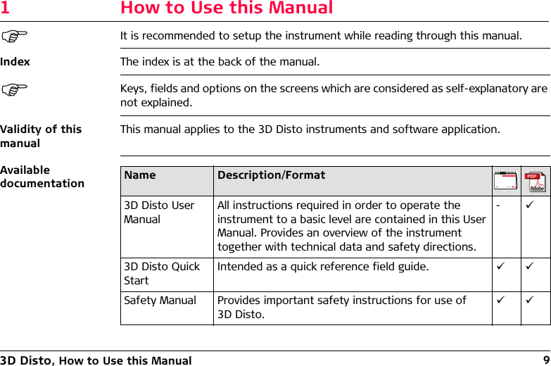 3D Disto, How to Use this Manual 91 How to Use this ManualIt is recommended to setup the instrument while reading through this manual.Index The index is at the back of the manual.Keys, fields and options on the screens which are considered as self-explanatory are not explained.Validity of this manualThis manual applies to the 3D Disto instruments and software application.Available documentation Name Description/Format3D Disto User ManualAll instructions required in order to operate the instrument to a basic level are contained in this User Manual. Provides an overview of the instrument together with technical data and safety directions.-3D Disto Quick StartIntended as a quick reference field guide. Safety Manual Provides important safety instructions for use of 3D Disto.