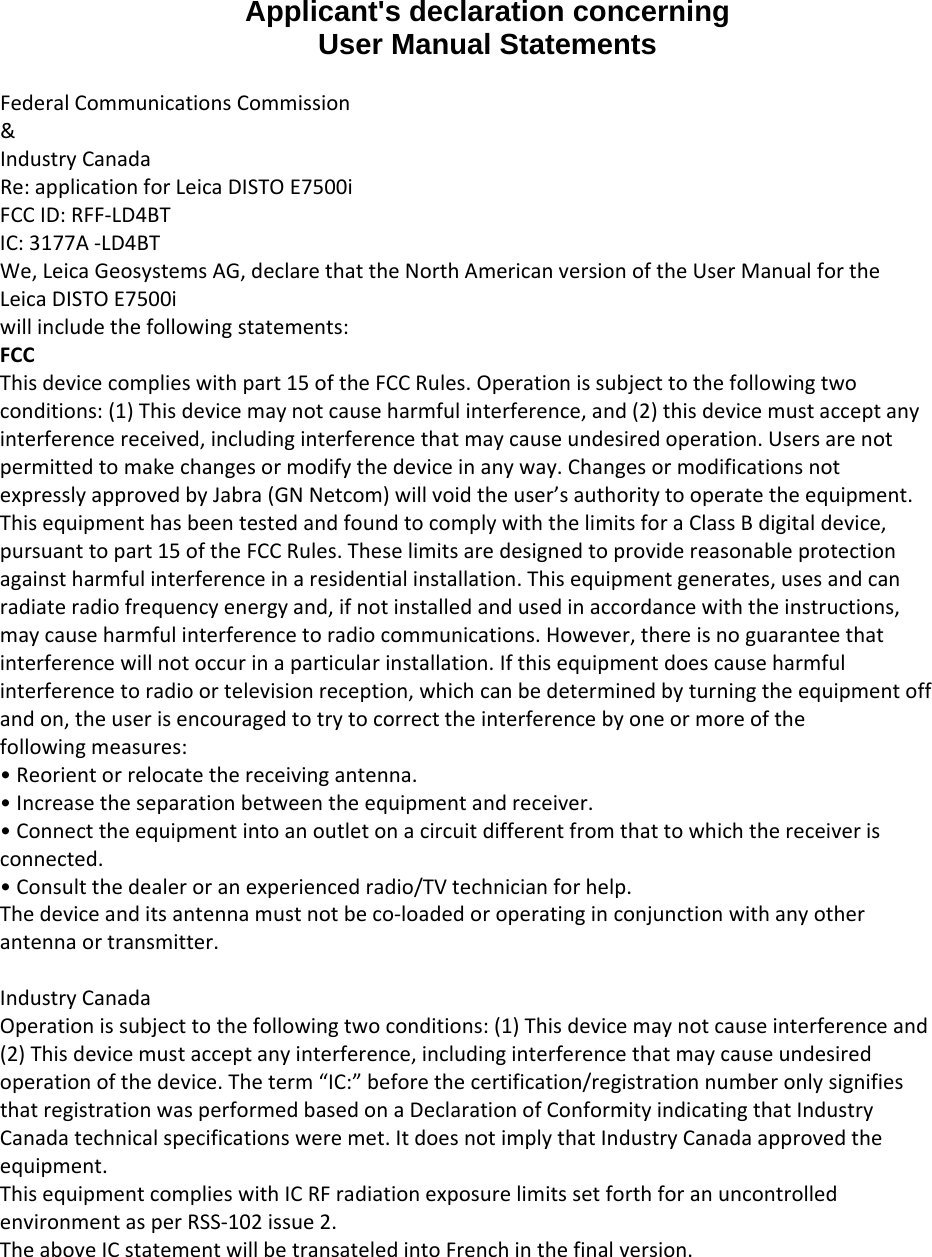 Page 1 of Leica Geosystems CPD LD4BT Handheld Laser Distance Meter User Manual Warning statement letterx