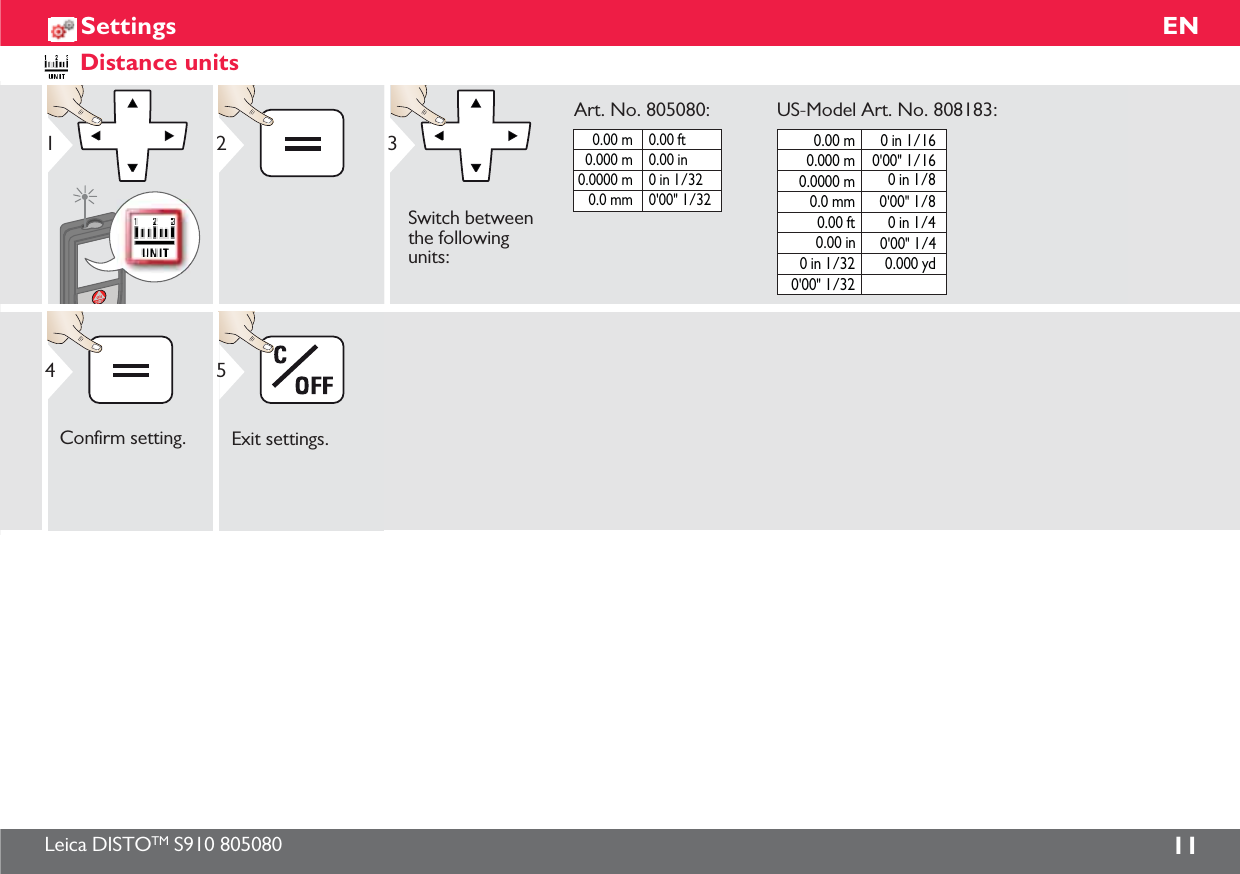 Leica DISTOTM S910 805080 11ENSettingsDistance units120.00 m0.000 m0.0000 m0.0 mm0.00 ft0.00 in0 in 1/320&apos;00&quot; 1/320.00 m0.000 m0.0000 m0.0 mm0.00 ft0&apos;00&quot; 1/320&apos;00&quot; 1/160&apos;00&quot; 1/80&apos;00&quot; 1/4 0.00 in 0 in 1/320 in 1/160 in 1/80 in 1/40.000 ydArt. No. 805080:3US-Model Art. No. 808183:Switch between the following units:4Confirm setting.Exit settings.5
