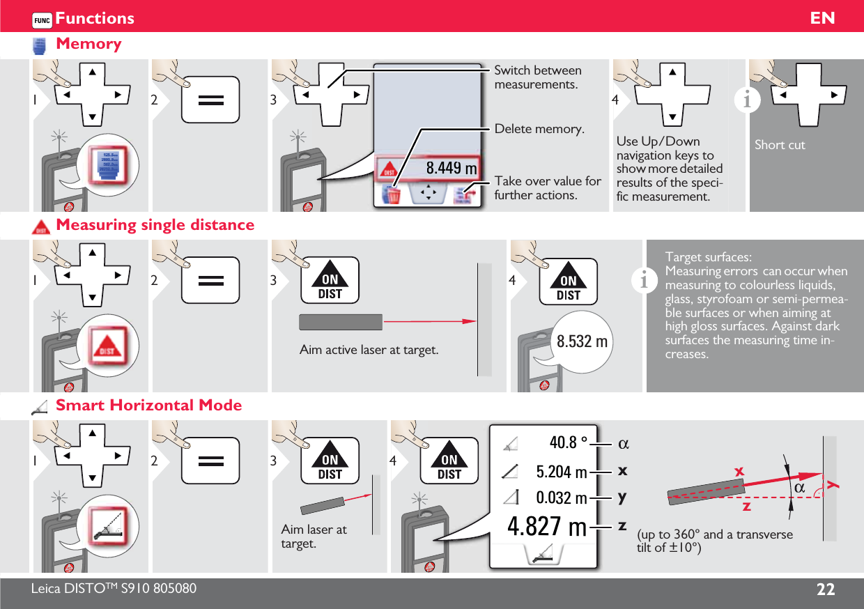 Leica DISTOTM S910 805080 22ENFunctionsMemory128.449 m8.449 m3Switch between measurements.Take over value for further actions.Delete memory.4Use Up/Down navigation keys to show more detailed results of the speci-fic measurement.iShort cutMeasuring single distance12Aim active laser at target.38.532 m4iTarget surfaces: Measuring errors  can occur when measuring to colourless liquids, glass, styrofoam or semi-permea-ble surfaces or when aiming at high gloss surfaces. Against dark surfaces the measuring time in-creases.Smart Horizontal Mode12Aim laser at target.3zxy40.8 °xyz5.204 m0.032 m4.827 m4(up to 360° and a transverse tilt of ±10°)