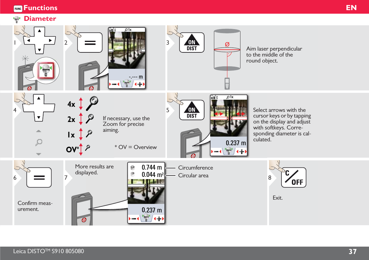 Leica DISTOTM S910 805080 37ENFunctionsDiameter1-.--- m1x2Ø3Aim laser perpendicular to the middle of the round object. OV*1x2x4x4If necessary, use the Zoom for precise aiming.* OV = Overview0.237 m1x5Select arrows with the cursor keys or by tapping on the display and adjust with softkeys. Corre-sponding diameter is cal-culated.6Confirm meas-urement.0.237 m0.744 m0.044 m27More results are displayed. CircumferenceCircular areaExit.8