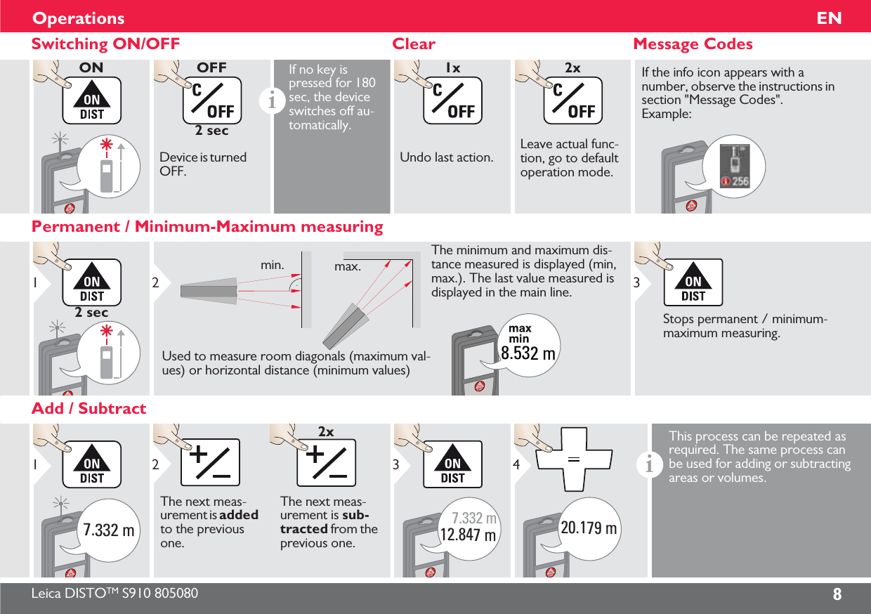 Leica DISTOTM S910 805080 8ENOperationsSwitching ON/OFF Clear Message CodesONOFF2 secDevice is turned OFF.iIf no key is pressed for 180 sec, the device switches off au-tomatically.1xUndo last action.2xLeave actual func-tion, go to default operation mode.If the info icon appears with a number, observe the instructions in section &quot;Message Codes&quot;. Example:Permanent / Minimum-Maximum measuring12 sec8.532 mUsed to measure room diagonals (maximum val-ues) or horizontal distance (minimum values)The minimum and maximum dis-tance measured is displayed (min, max.). The last value measured is displayed in the main line.min. max.2Stops permanent / minimum-maximum measuring.3Add / Subtract7.332 m1The next meas-urement is added to the previous one.2The next meas-urement is sub-tracted from the previous one.2x7.332 m12.847 m320.179 m4iThis process can be repeated as required. The same process can be used for adding or subtracting areas or volumes.